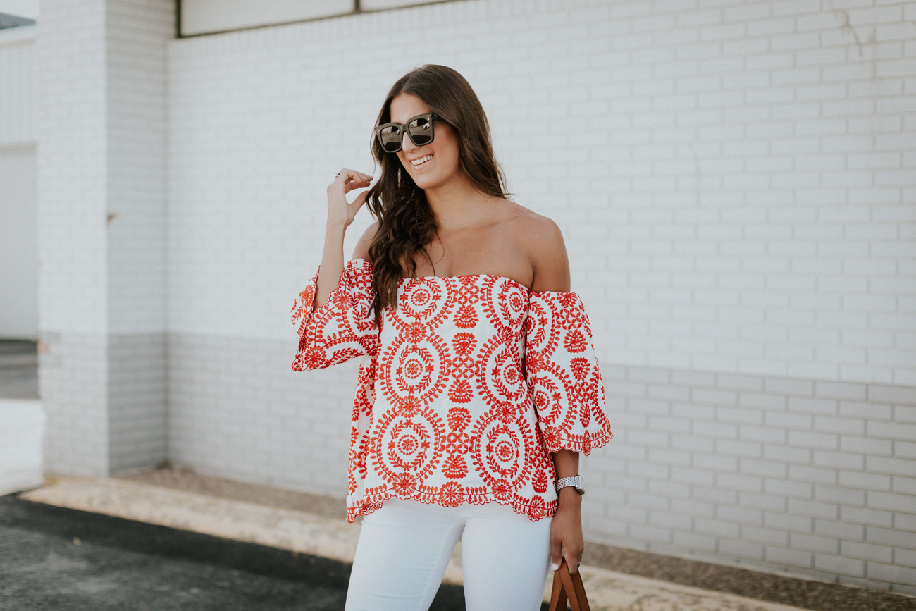 off the shoulder embroidered top, chicwish top, chicwish outfit, off the shoulder tops, embroidered tops, summer style, street level tote, street level reversible tote, steve madden carrson sandal, cute summer outfit, fourth of july outfits, fourth of july outfit ideas // grace wainwright a southern drawl