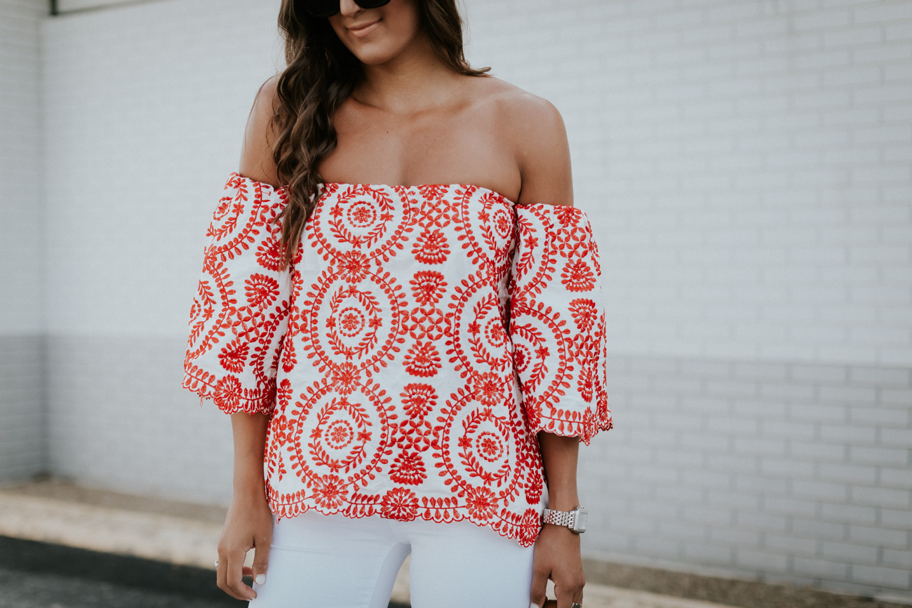off the shoulder embroidered top, chicwish top, chicwish outfit, off the shoulder tops, embroidered tops, summer style, street level tote, street level reversible tote, steve madden carrson sandal, cute summer outfit, fourth of july outfits, fourth of july outfit ideas // grace wainwright a southern drawl