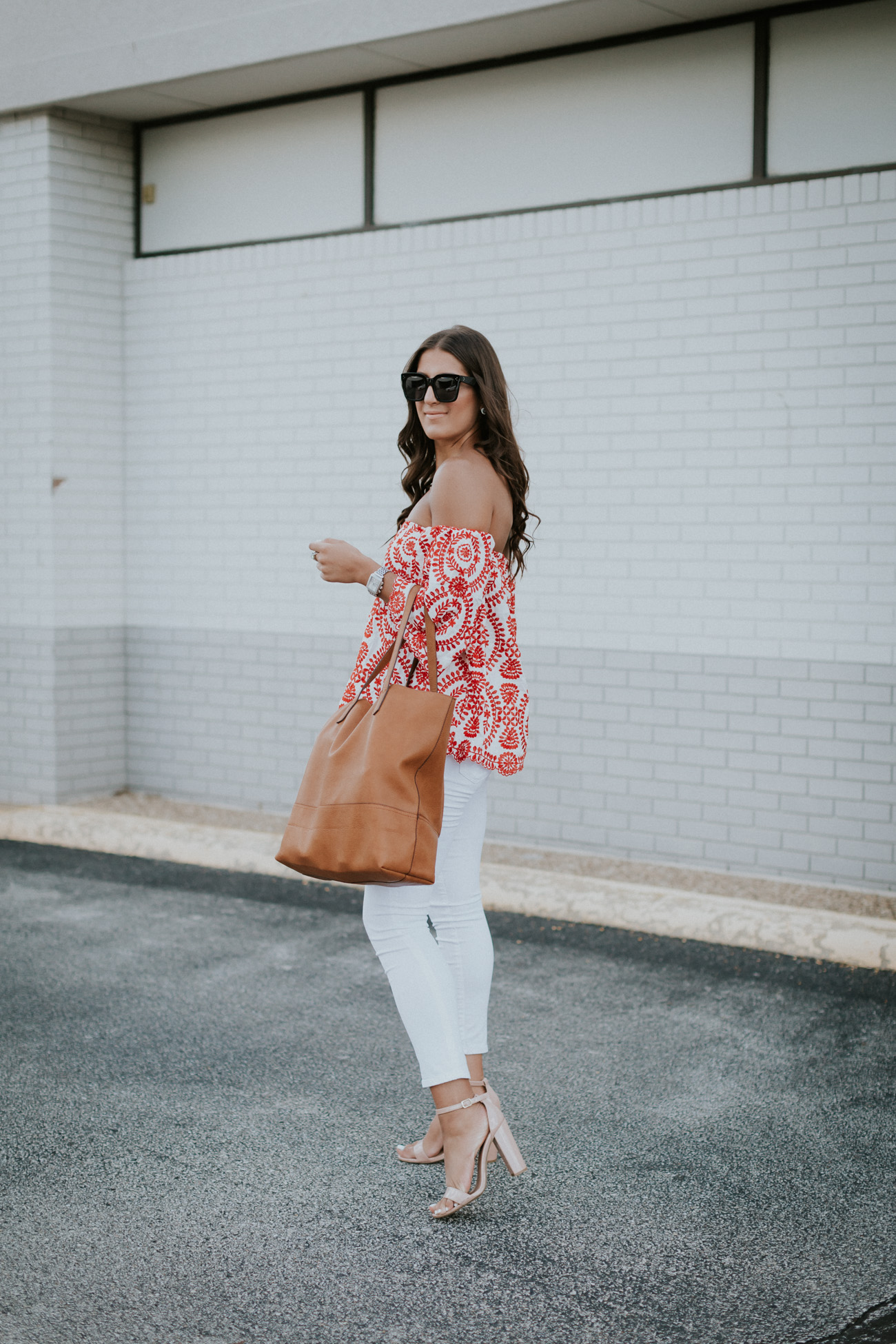 off the shoulder embroidered top, chicwish top, chicwish outfit, off the shoulder tops, embroidered tops, summer style, street level tote, street level reversible tote, steve madden carrson sandal, cute summer outfit, fourth of july outfits, fourth of july outfit ideas // grace wainwright a southern drawl