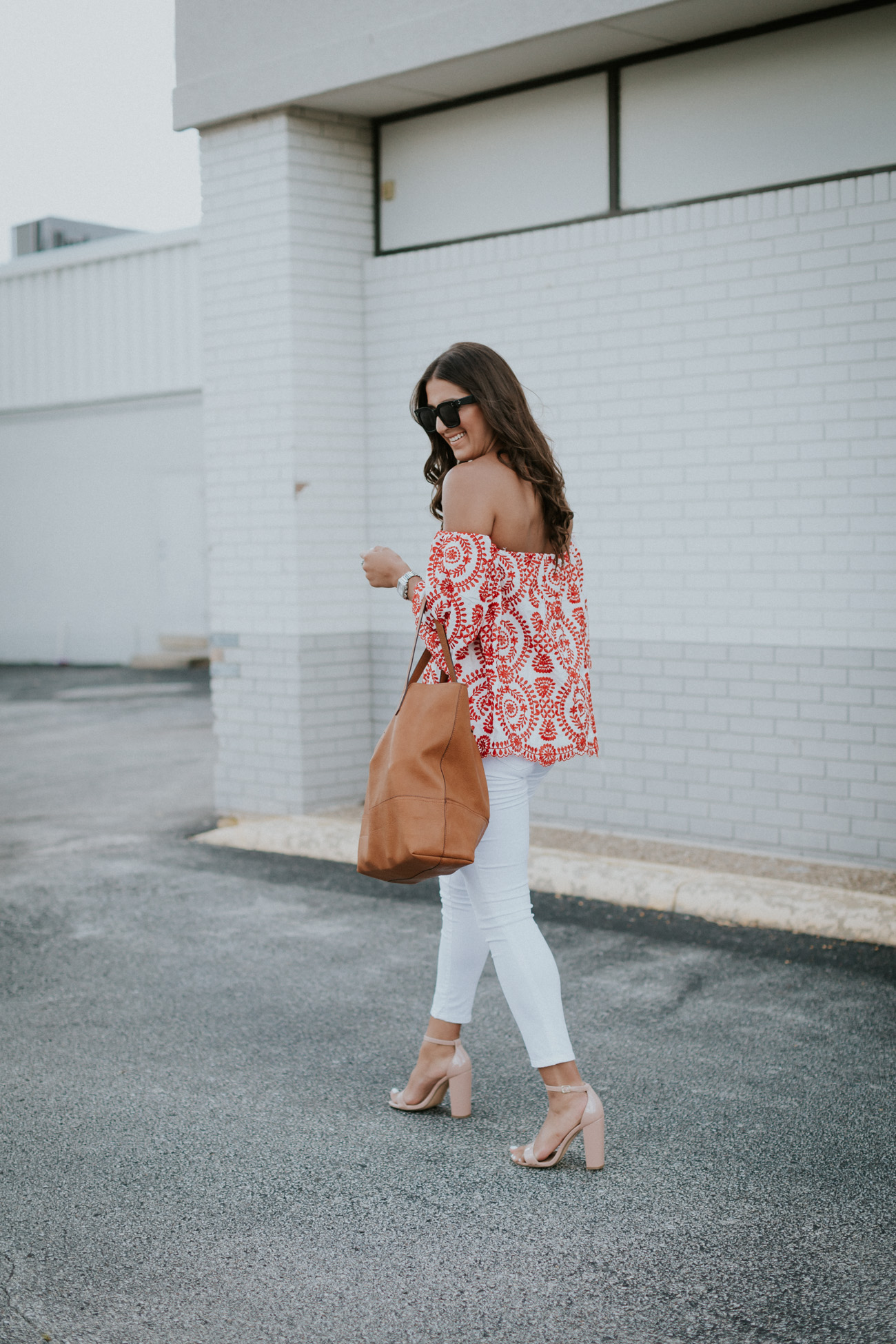 off the shoulder embroidered top, chicwish top, chicwish outfit, off the shoulder tops, embroidered tops, summer style, street level tote, street level reversible tote, steve madden carrson sandal, cute summer outfit, fourth of july outfits, fourth of july outfit ideas // grace wainwright a southern drawl