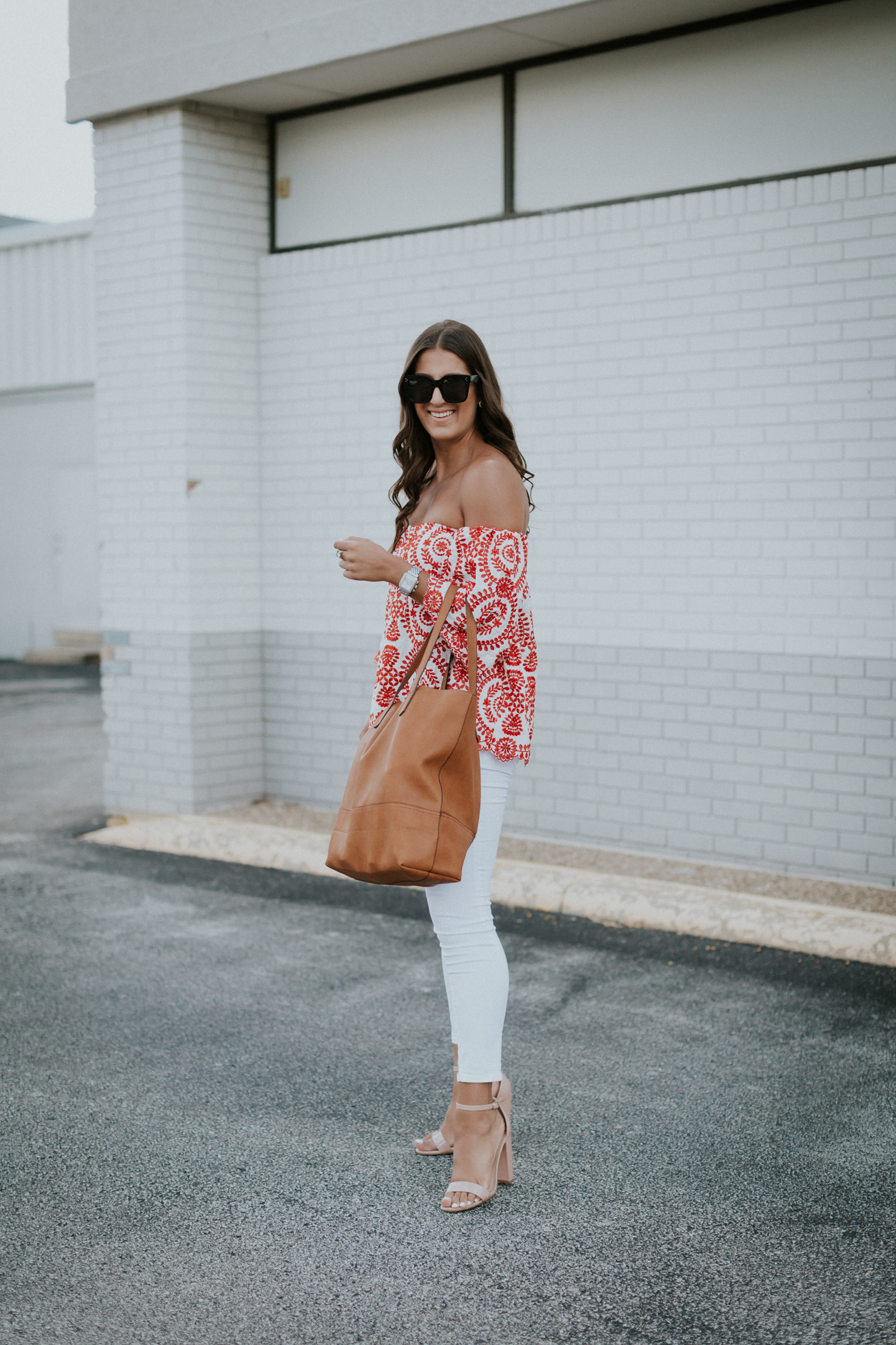 off the shoulder embroidered top, chicwish top, chicwish outfit, off the shoulder tops, embroidered tops, summer style, street level tote, street level reversible tote, steve madden carrson sandal, cute summer outfit, fourth of july outfits, fourth of july outfit ideas // grace wainwright a southern drawl
