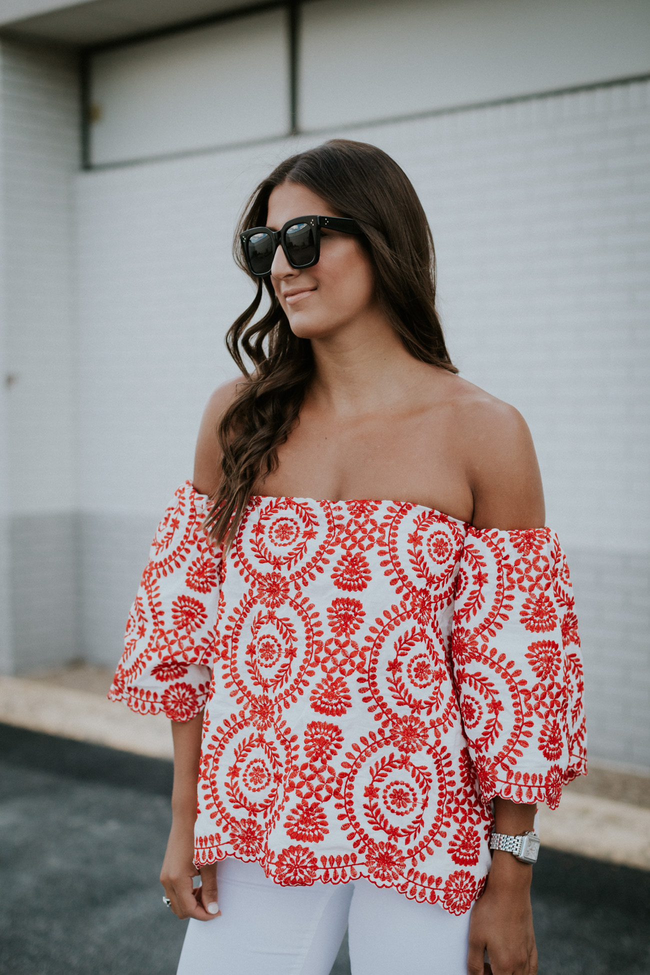off the shoulder embroidered top, chicwish top, chicwish outfit, off the shoulder tops, embroidered tops, summer style, street level tote, street level reversible tote, steve madden carrson sandal, cute summer outfit, fourth of july outfits, fourth of july outfit ideas // grace wainwright a southern drawl