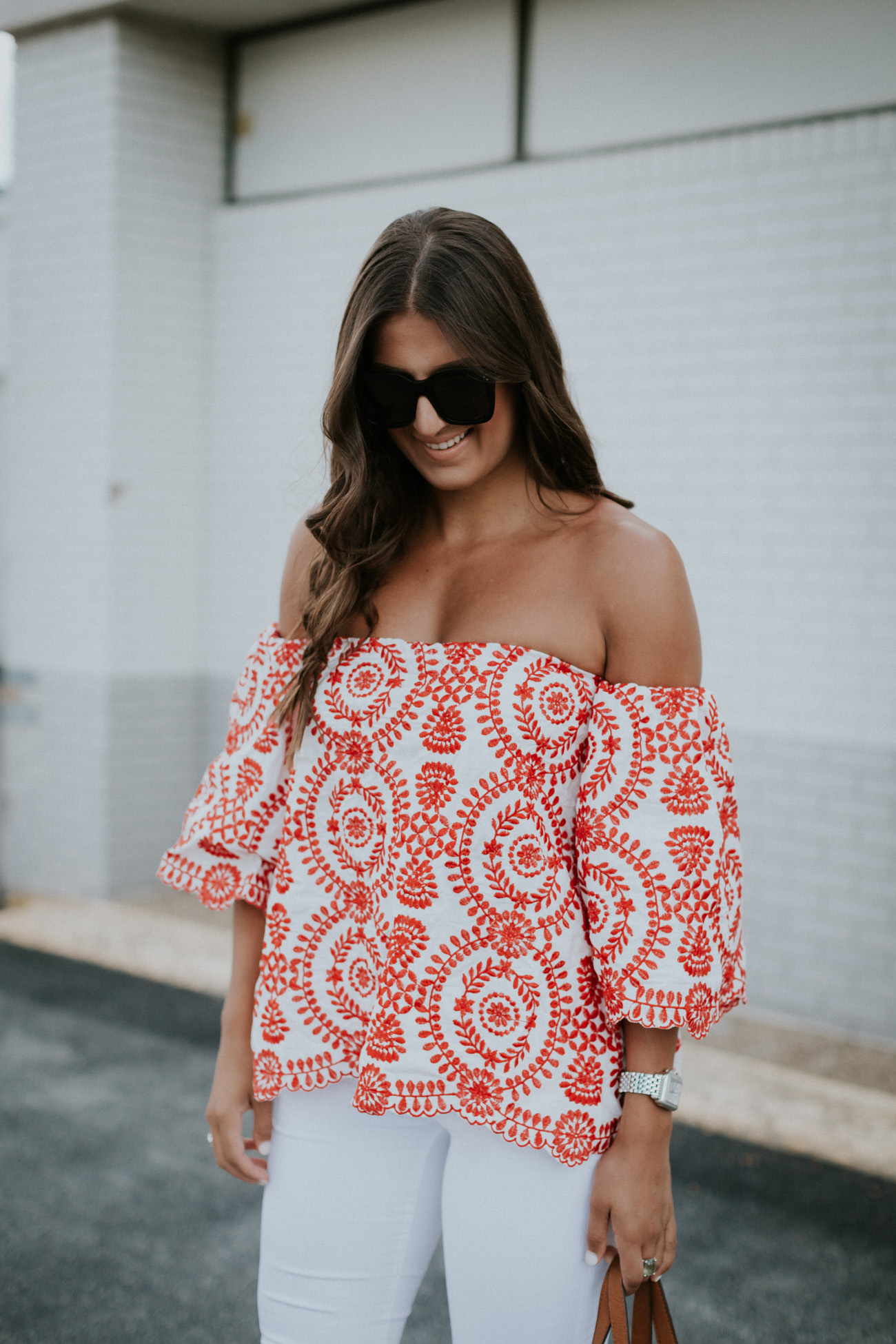 off the shoulder embroidered top, chicwish top, chicwish outfit, off the shoulder tops, embroidered tops, summer style, street level tote, street level reversible tote, steve madden carrson sandal, cute summer outfit, fourth of july outfits, fourth of july outfit ideas // grace wainwright a southern drawl