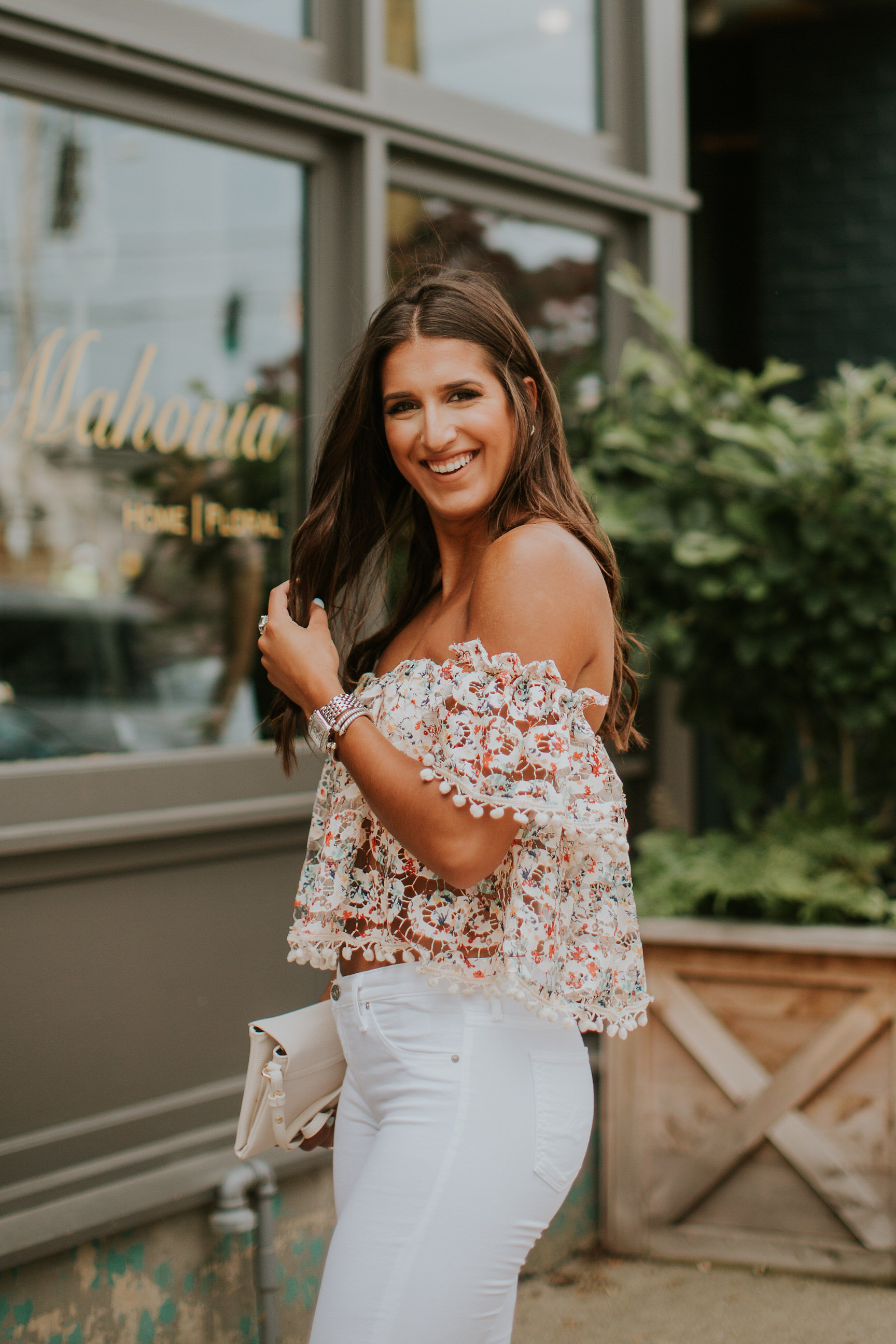 off the shoulder lace top, tularosa top, tularosa clothing, white crossbody bag, affordable fashion, summer style, summer outfit, summer clothes // grace wainwright a southern drawl