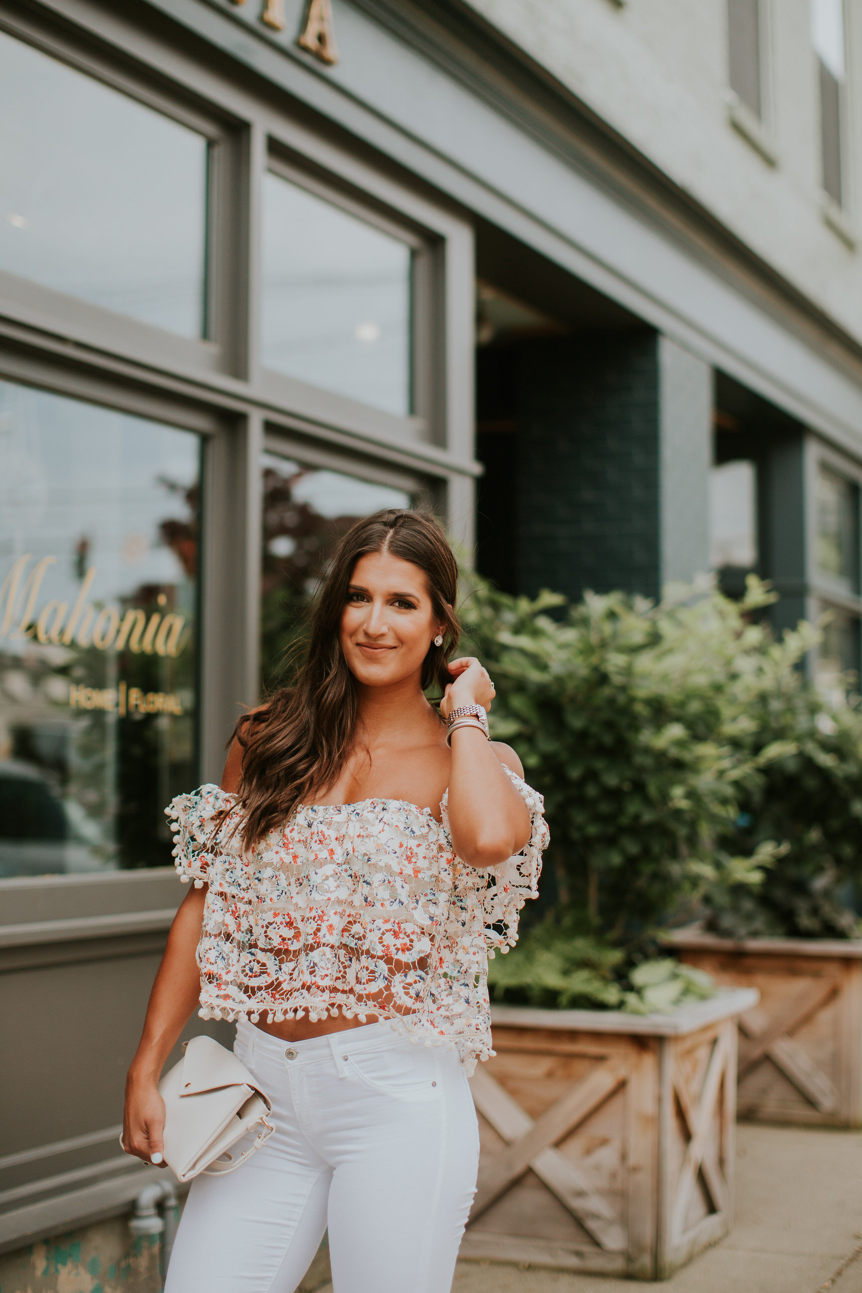 off the shoulder lace top, tularosa top, tularosa clothing, white crossbody bag, affordable fashion, summer style, summer outfit, summer clothes // grace wainwright a southern drawl