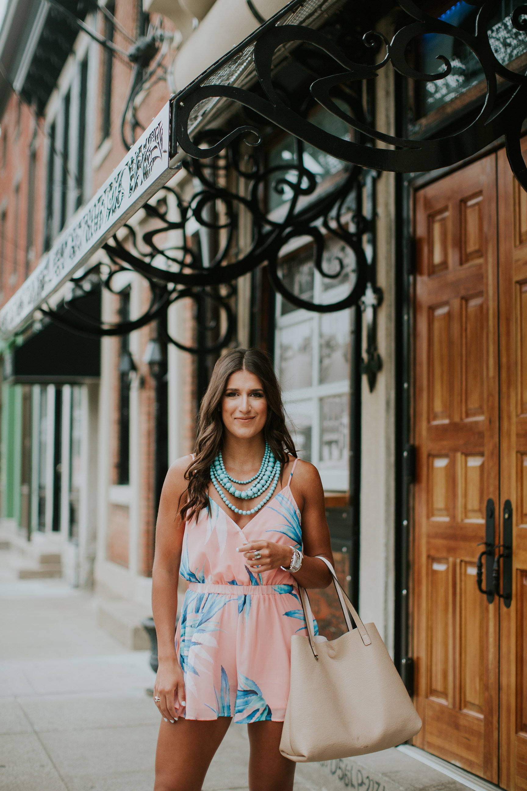 palm print romper, show me your mumu olympia romper, show me your mumu rompers, show me your mumu dress, turquoise necklace, baublebar globe necklace, jeffrey campbell perforated wedge, summer style, summer fashion, summer outfits, summer outfit ideas, white crossbody bag, nordstrom sale // grace wainwright a southern drawl