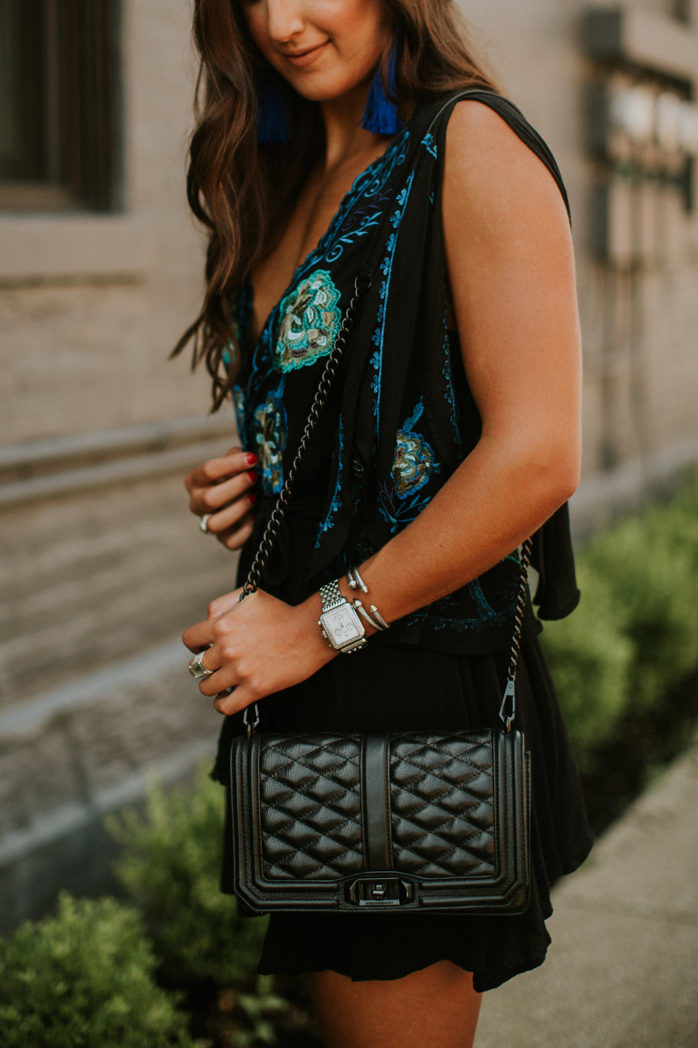 embroidered mini dress, free people mini dress, rebecca minkoff love crossbody bag, rebecca minkoff quilted bag, baublebar tassel earrings, nordstrom outfit, steve madden strappy sandals, tassel earrings, tassel statement earrings, strappy nude sandals // grace wainwright a southern drawl