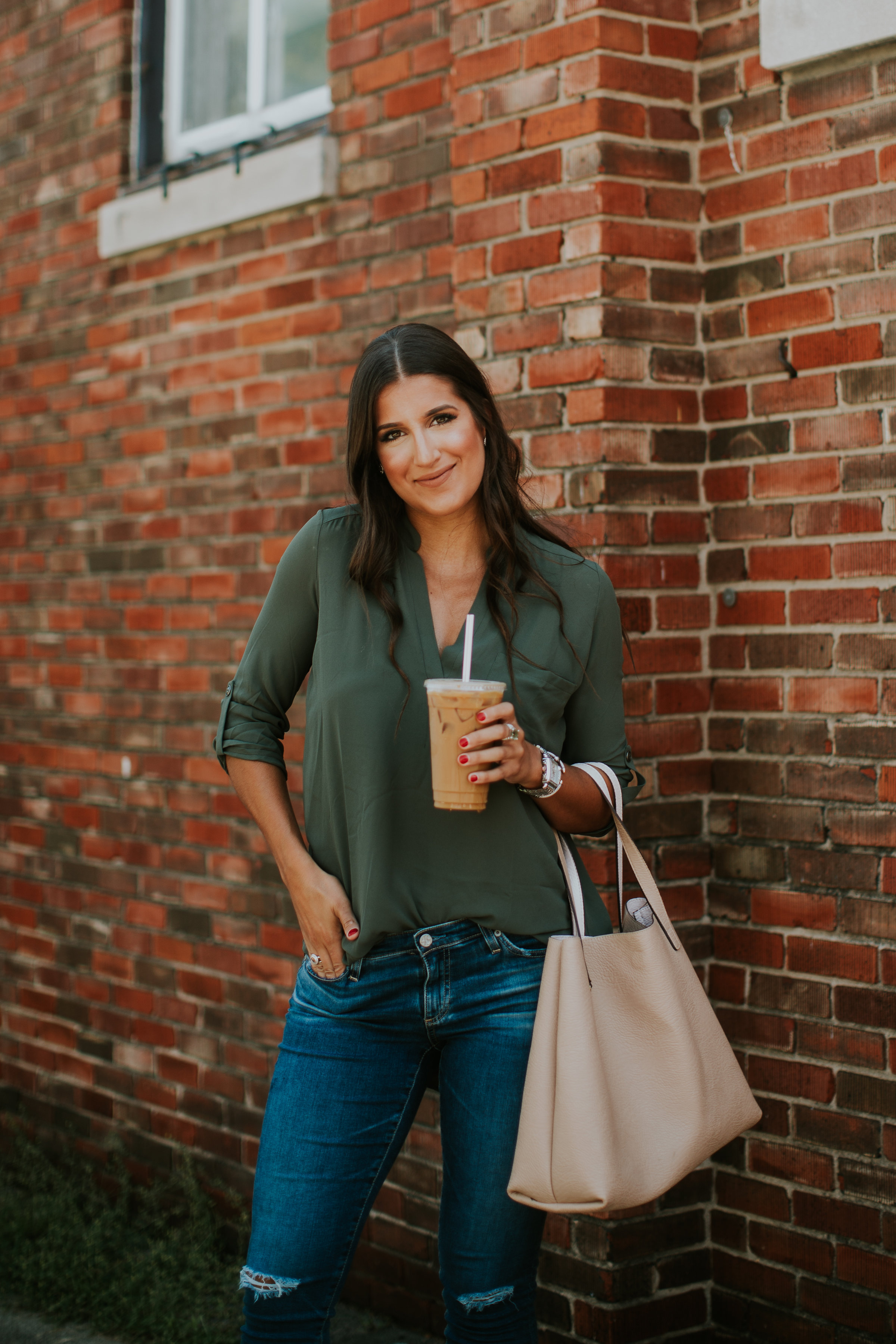 olive tunic, roll tab sleeve tunic, lush tunic, street level tote, AG jeans, AG distressed skinny jeans, affordable fashion, sale fashion, sale tunic, jeffrey campbell sandal, louisville coffee shops, please and thank you louisville, casual style, transitional style, transitional outfit, summer outfit, summer fashion, fall style, fall fashion // grace wainwright a southern drawl
