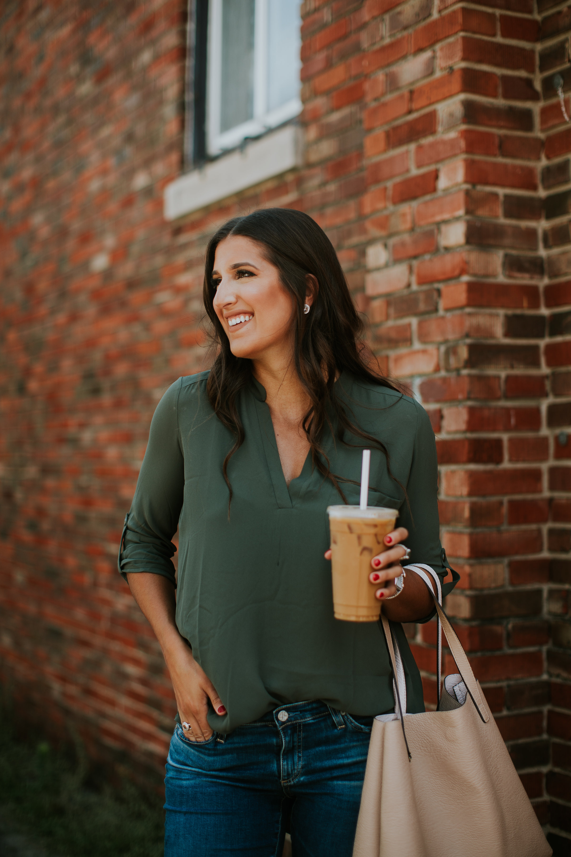 olive tunic, roll tab sleeve tunic, lush tunic, street level tote, AG jeans, AG distressed skinny jeans, affordable fashion, sale fashion, sale tunic, jeffrey campbell sandal, louisville coffee shops, please and thank you louisville, casual style, transitional style, transitional outfit, summer outfit, summer fashion, fall style, fall fashion // grace wainwright a southern drawl