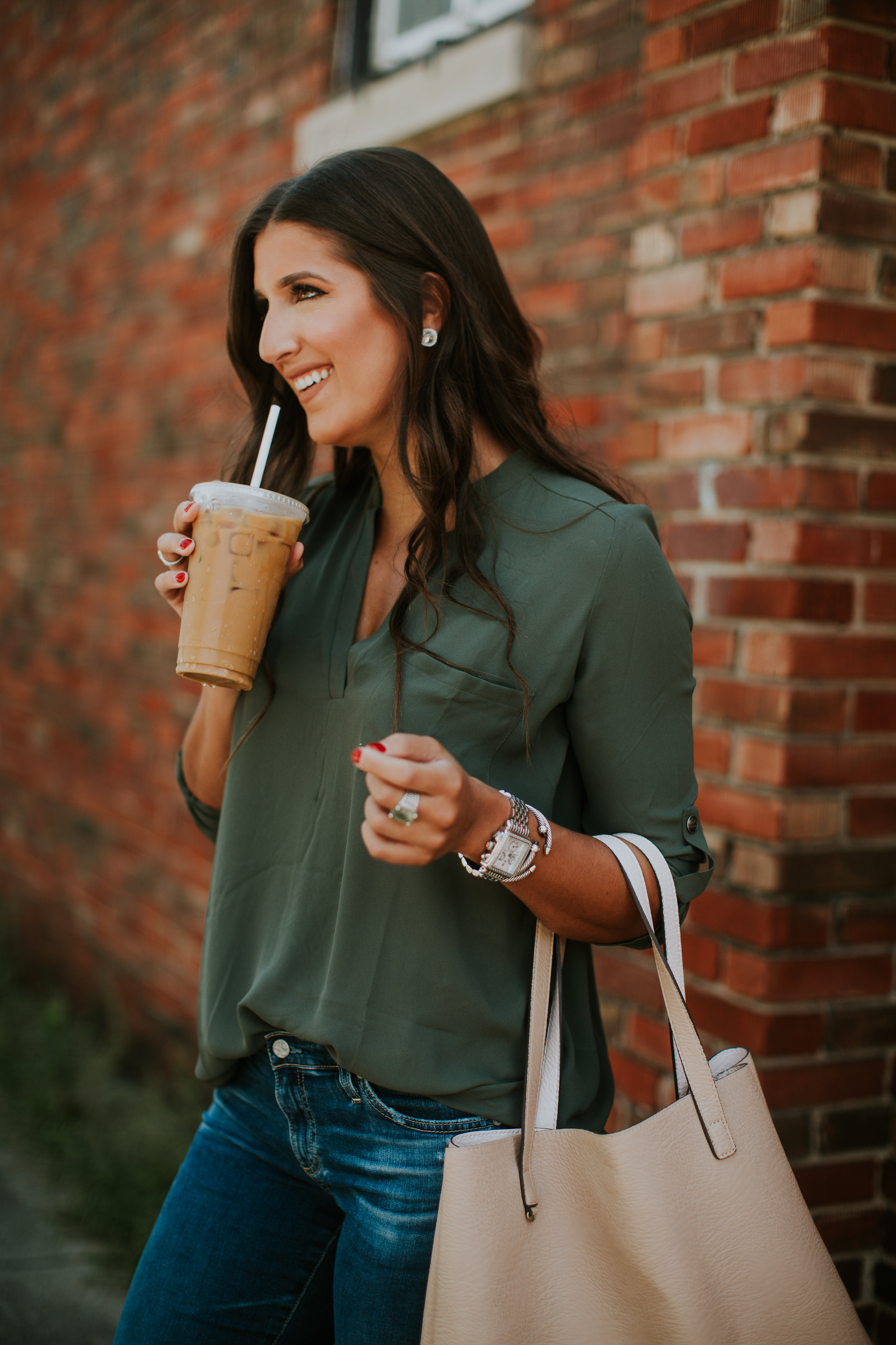 olive tunic, roll tab sleeve tunic, lush tunic, street level tote, AG jeans, AG distressed skinny jeans, affordable fashion, sale fashion, sale tunic, jeffrey campbell sandal, louisville coffee shops, please and thank you louisville, casual style, transitional style, transitional outfit, summer outfit, summer fashion, fall style, fall fashion // grace wainwright a southern drawl