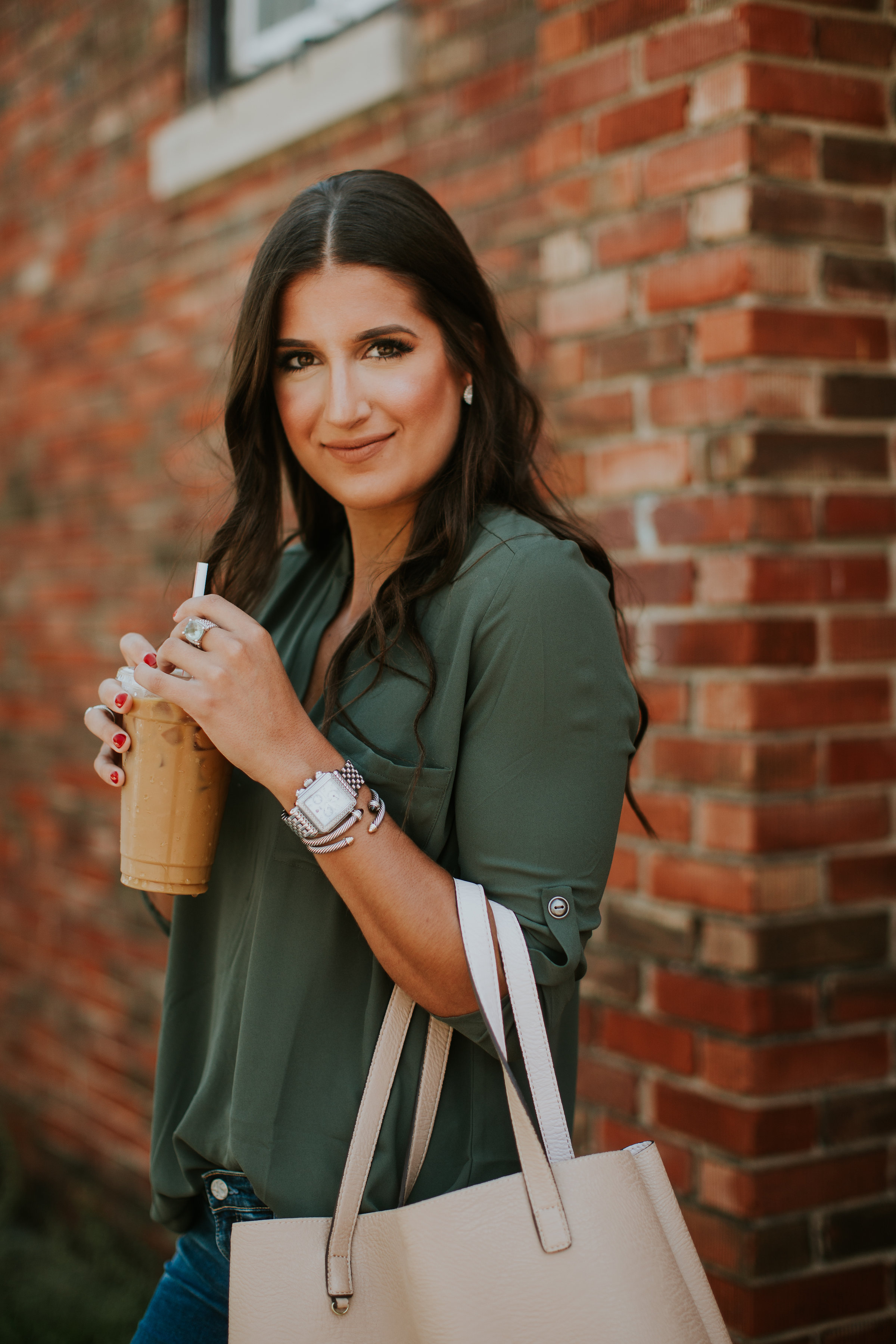 olive tunic, roll tab sleeve tunic, lush tunic, street level tote, AG jeans, AG distressed skinny jeans, affordable fashion, sale fashion, sale tunic, jeffrey campbell sandal, louisville coffee shops, please and thank you louisville, casual style, transitional style, transitional outfit, summer outfit, summer fashion, fall style, fall fashion // grace wainwright a southern drawl