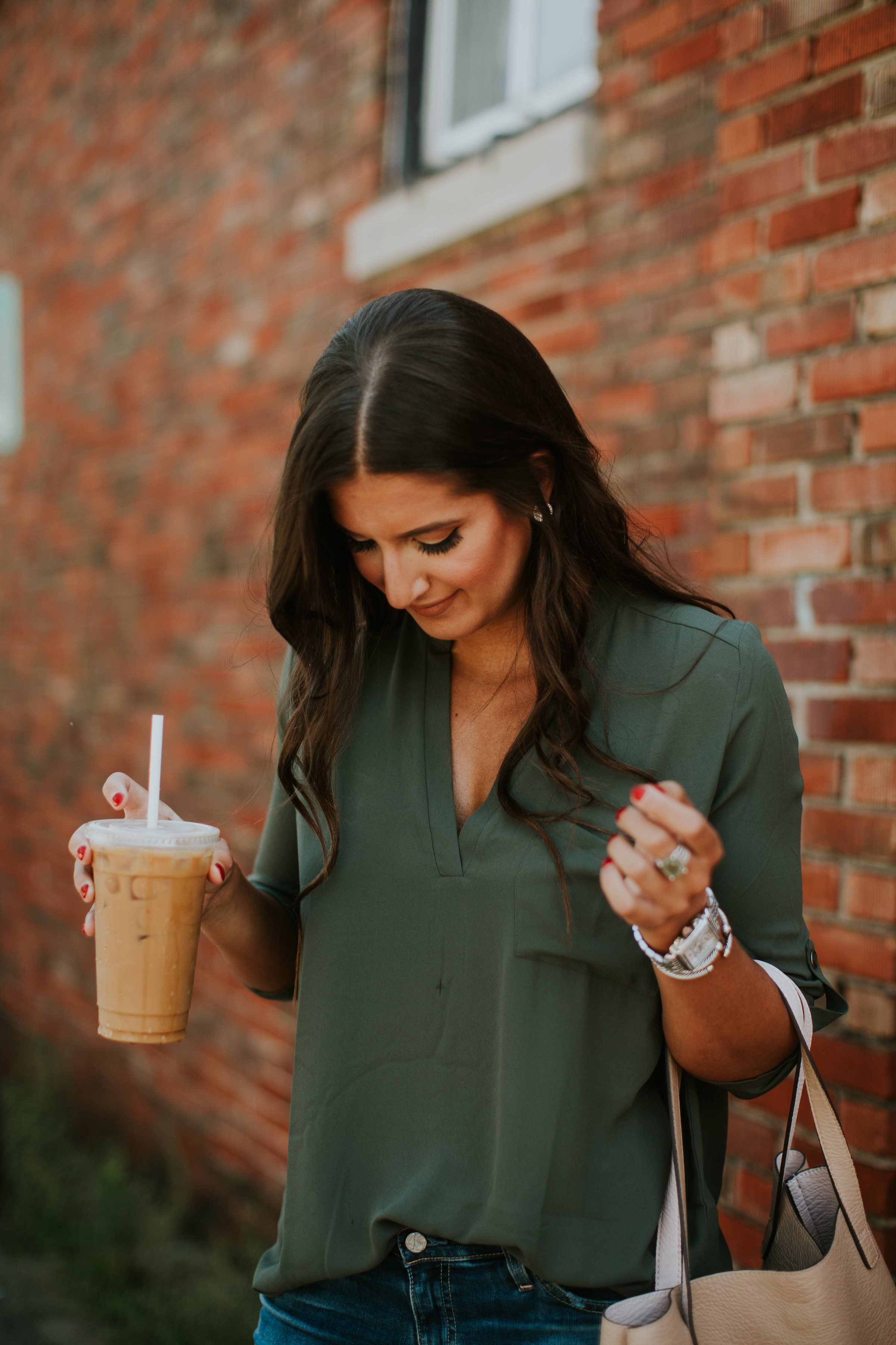 olive tunic, roll tab sleeve tunic, lush tunic, street level tote, AG jeans, AG distressed skinny jeans, affordable fashion, sale fashion, sale tunic, jeffrey campbell sandal, louisville coffee shops, please and thank you louisville, casual style, transitional style, transitional outfit, summer outfit, summer fashion, fall style, fall fashion // grace wainwright a southern drawl
