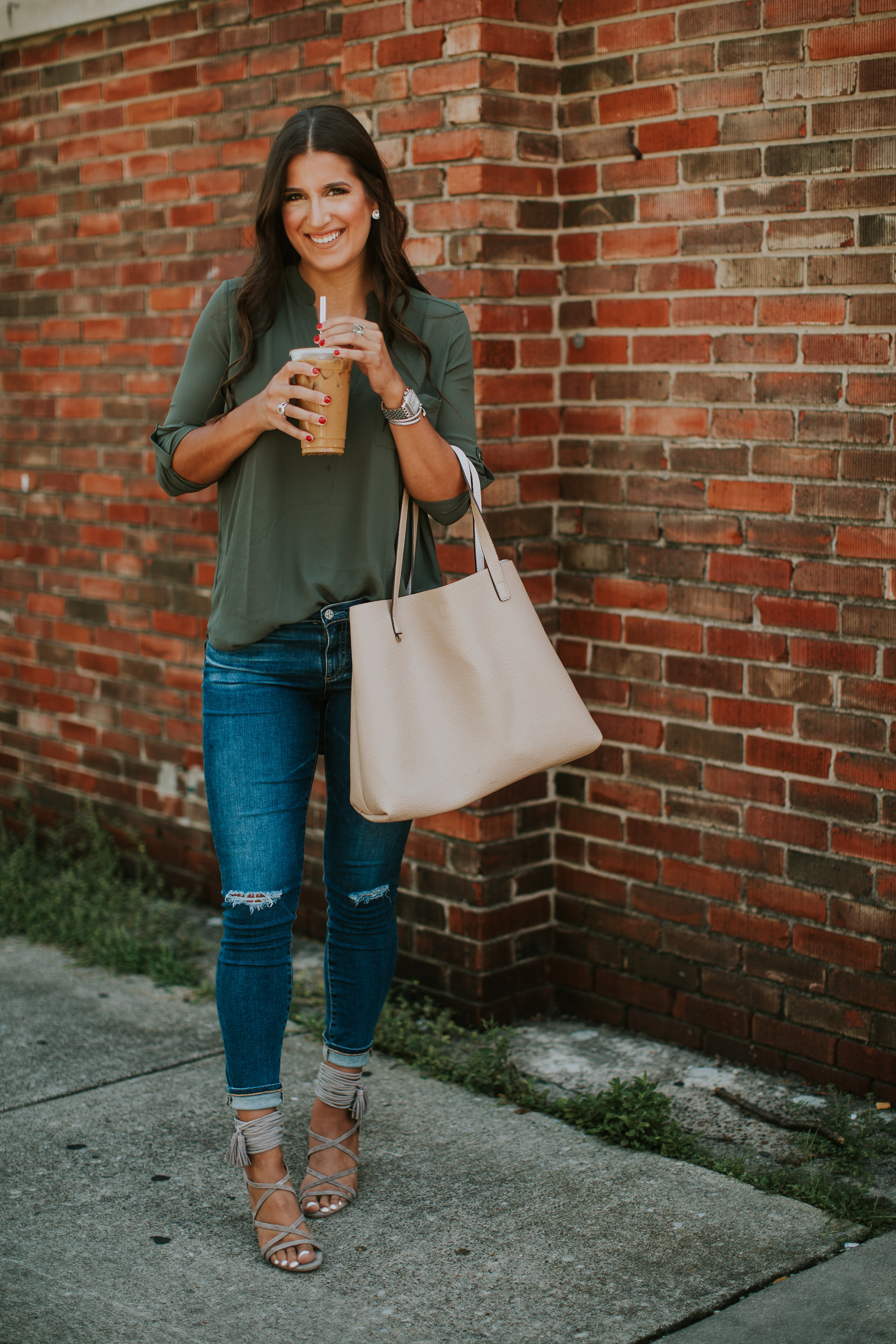 olive tunic, roll tab sleeve tunic, lush tunic, street level tote, AG jeans, AG distressed skinny jeans, affordable fashion, sale fashion, sale tunic, jeffrey campbell sandal, louisville coffee shops, please and thank you louisville, casual style, transitional style, transitional outfit, summer outfit, summer fashion, fall style, fall fashion // grace wainwright a southern drawl