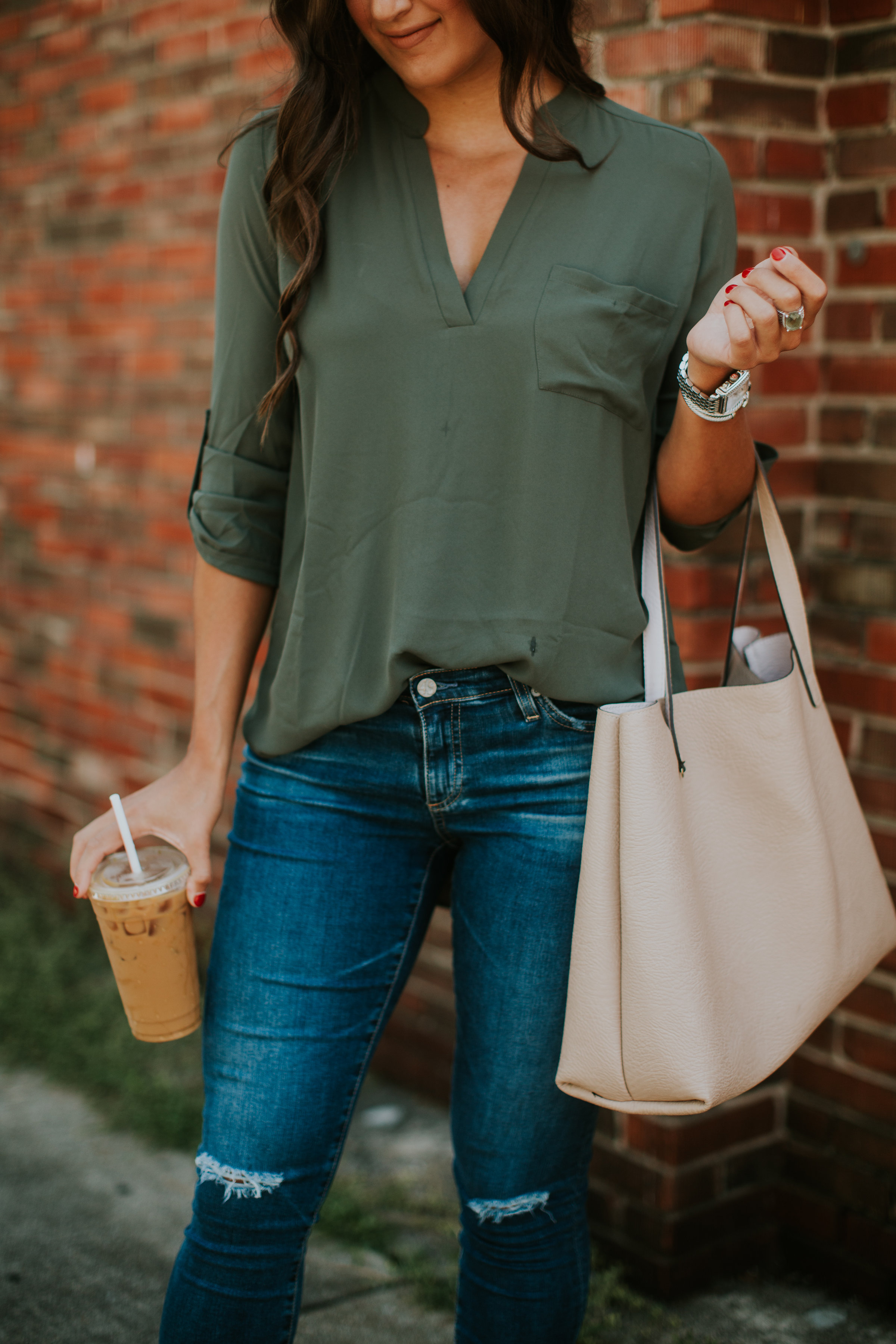 olive tunic, roll tab sleeve tunic, lush tunic, street level tote, AG jeans, AG distressed skinny jeans, affordable fashion, sale fashion, sale tunic, jeffrey campbell sandal, louisville coffee shops, please and thank you louisville, casual style, transitional style, transitional outfit, summer outfit, summer fashion, fall style, fall fashion // grace wainwright a southern drawl