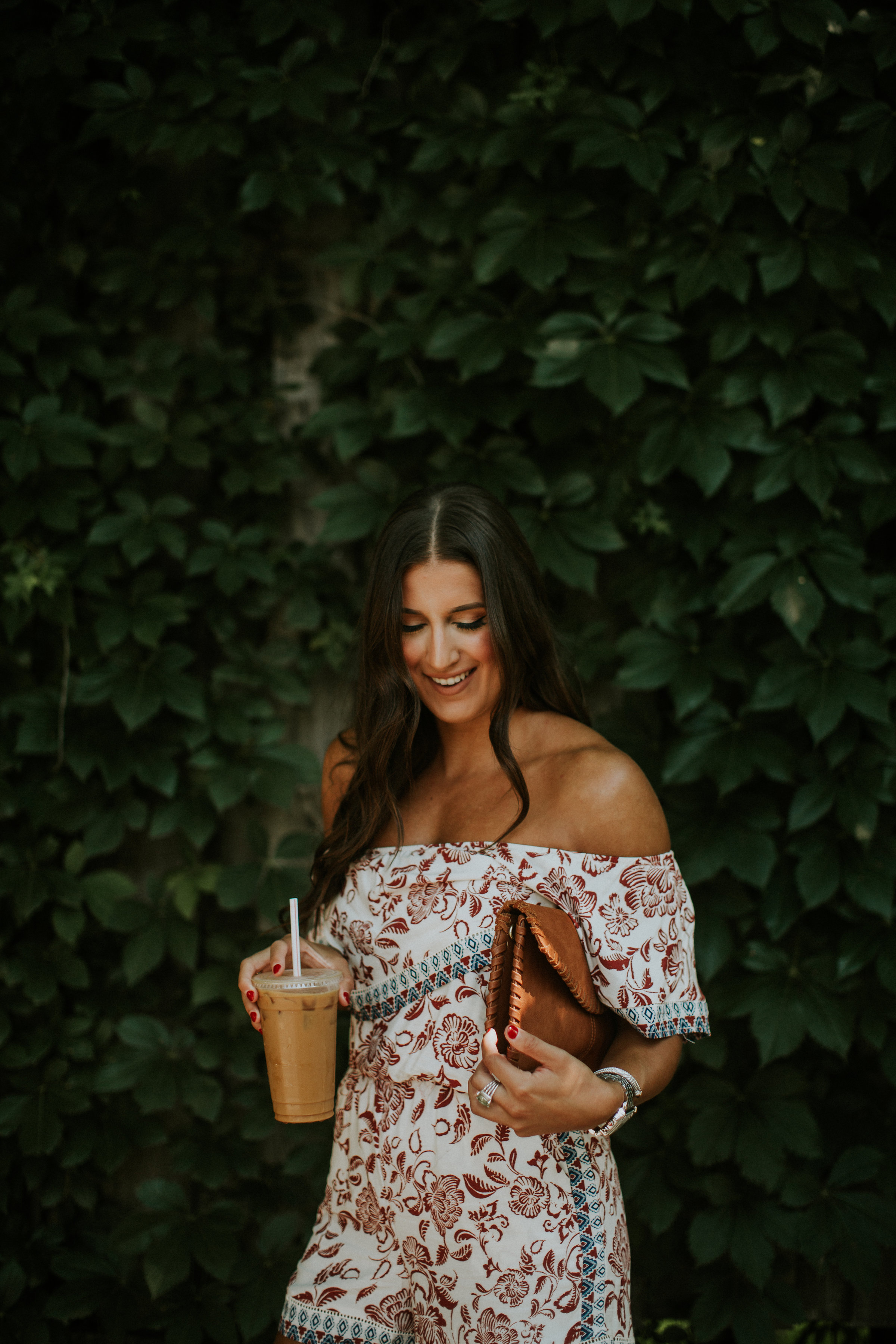 ruffle romper, socialite romper, off the shoulder romper, jeffrey campbell despina sandal, cognac clutch, summer style, fall style, fall fashion, summer outfits, summer outfit ideas // grace wainwright a southern drawl