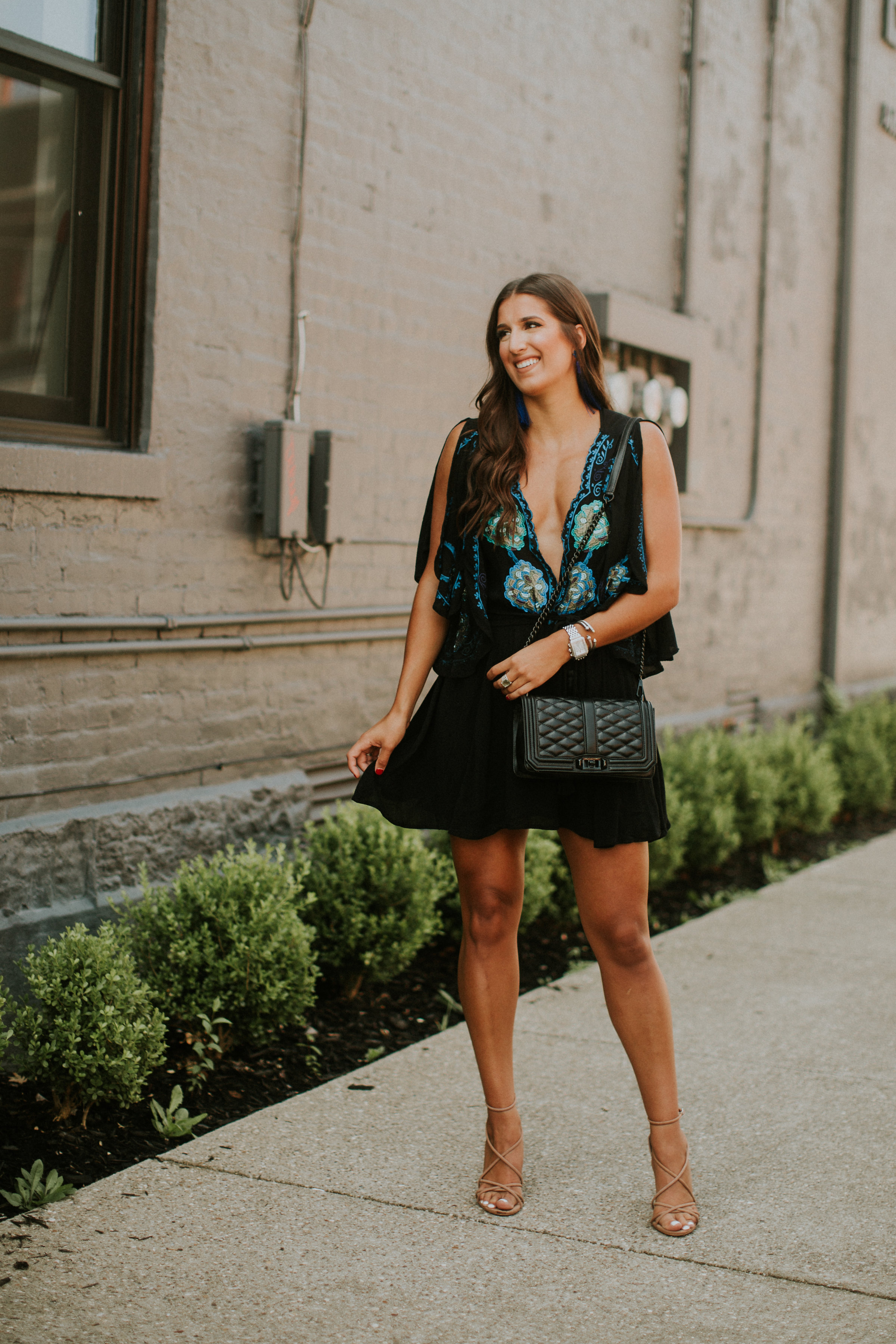 embroidered mini dress, free people mini dress, rebecca minkoff love crossbody bag, rebecca minkoff quilted bag, baublebar tassel earrings, nordstrom outfit, steve madden strappy sandals, tassel earrings, tassel statement earrings, strappy nude sandals // grace wainwright a southern drawl