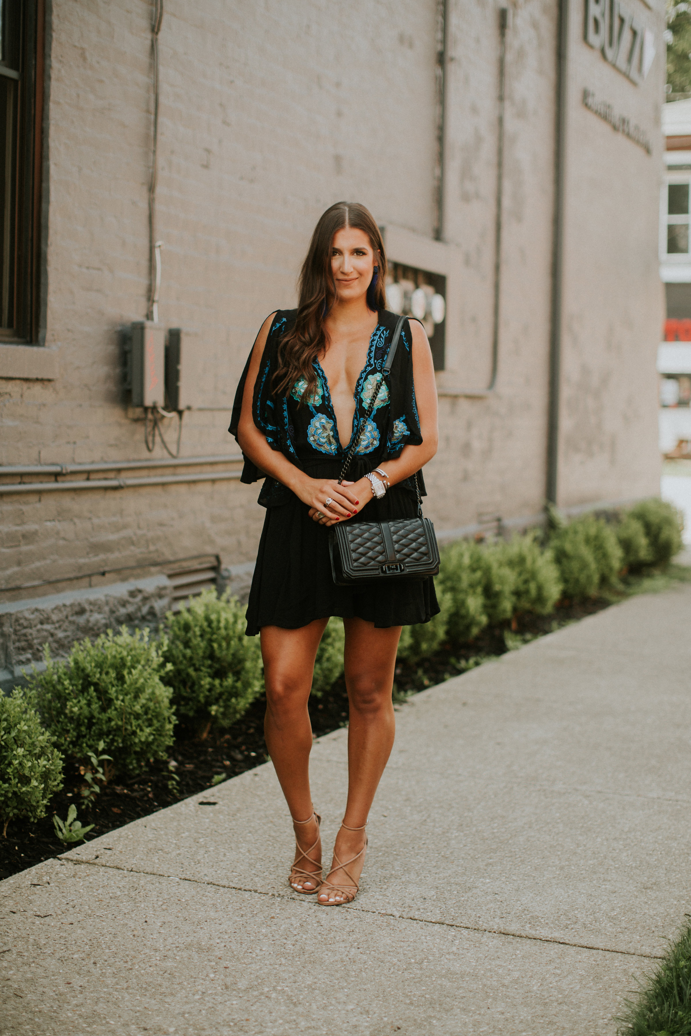 embroidered mini dress, free people mini dress, rebecca minkoff love crossbody bag, rebecca minkoff quilted bag, baublebar tassel earrings, nordstrom outfit, steve madden strappy sandals, tassel earrings, tassel statement earrings, strappy nude sandals // grace wainwright a southern drawl