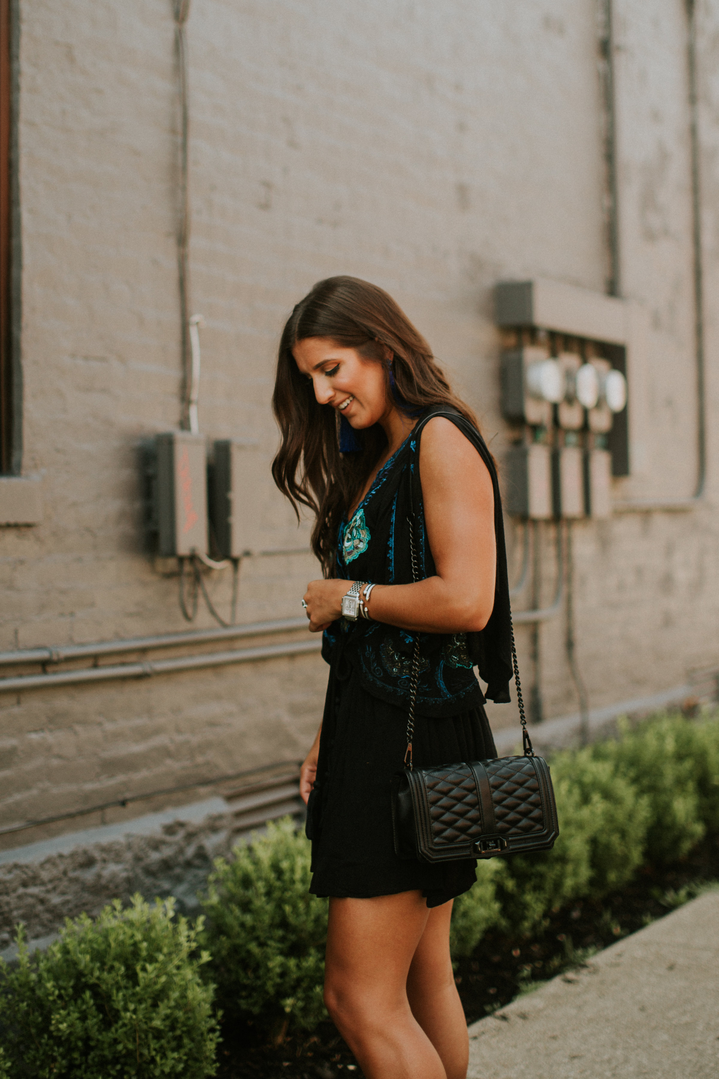 embroidered mini dress, free people mini dress, rebecca minkoff love crossbody bag, rebecca minkoff quilted bag, baublebar tassel earrings, nordstrom outfit, steve madden strappy sandals, tassel earrings, tassel statement earrings, strappy nude sandals // grace wainwright a southern drawl