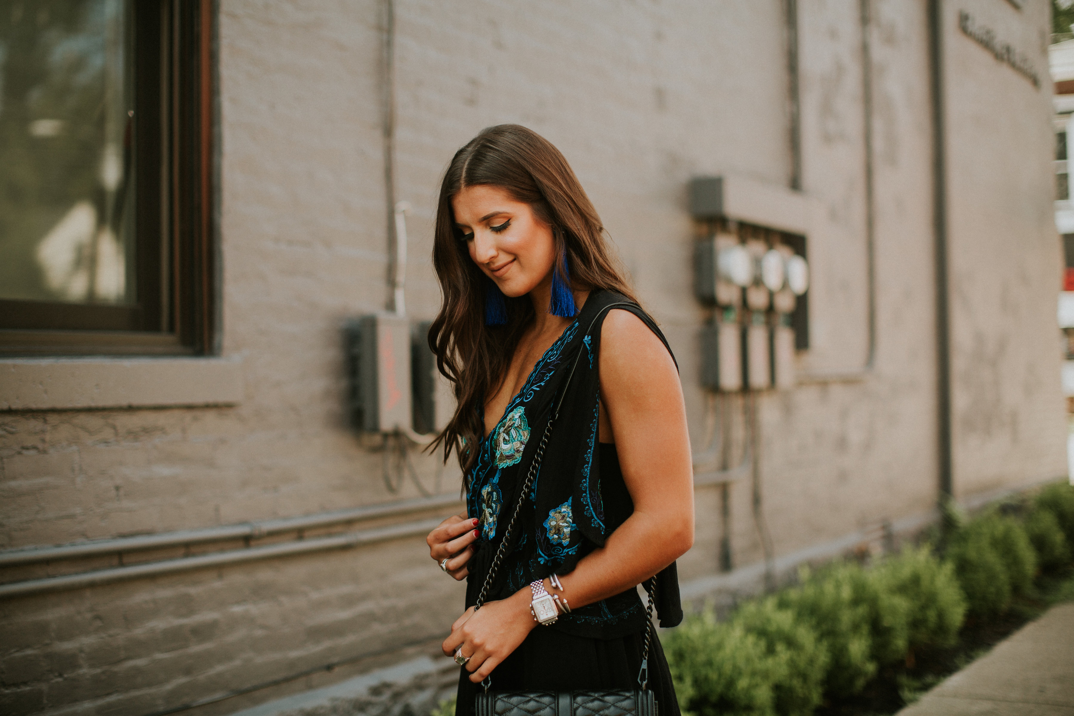 embroidered mini dress, free people mini dress, rebecca minkoff love crossbody bag, rebecca minkoff quilted bag, baublebar tassel earrings, nordstrom outfit, steve madden strappy sandals, tassel earrings, tassel statement earrings, strappy nude sandals // grace wainwright a southern drawl