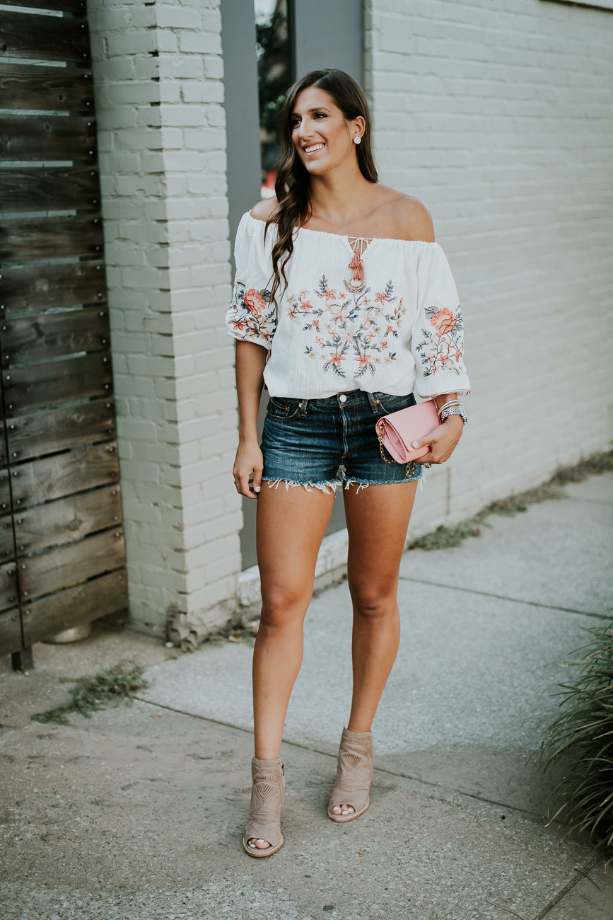 denim cutoffs, embroidered off the shoulder top, levi's jeans, levi shorts, slingback booties, tory burch parker chain wallet, pink tory burch purse, summer style, summer fashion, summer outfit ideas // grace wainwright a southern drawl