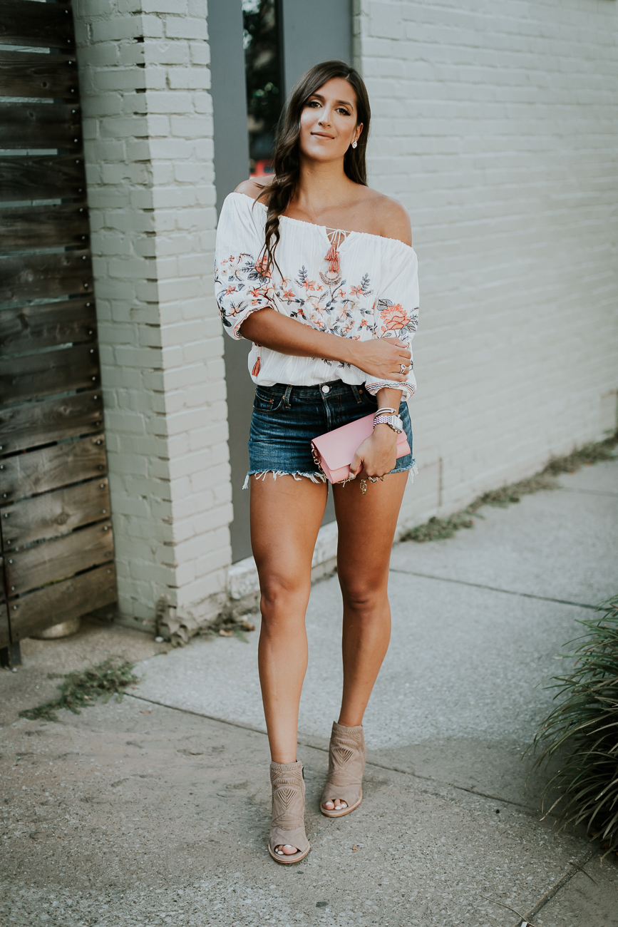 denim cutoffs, embroidered off the shoulder top, levi's jeans, levi shorts, slingback booties, tory burch parker chain wallet, pink tory burch purse, summer style, summer fashion, summer outfit ideas // grace wainwright a southern drawl