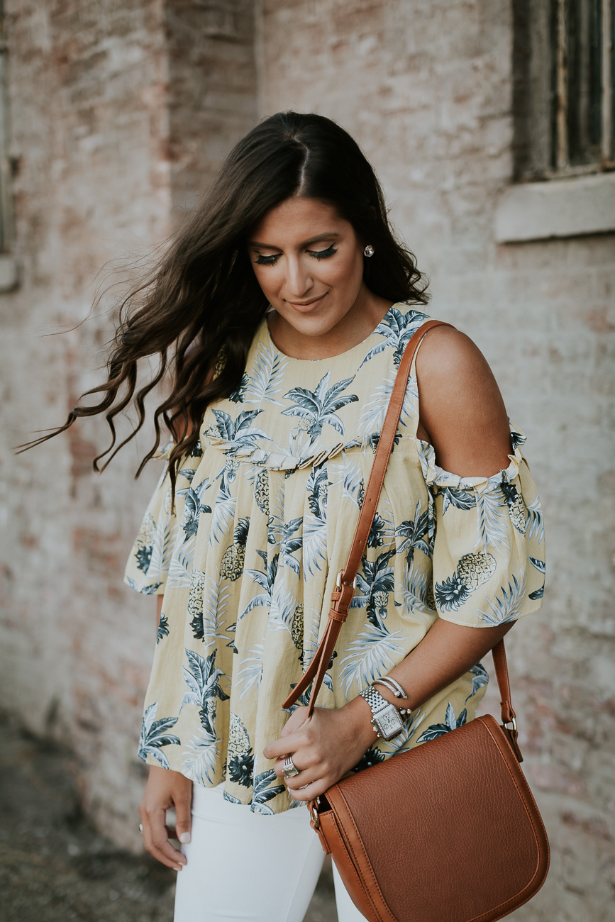 pineapple print top, cold shoulder top, chicwish cold shoulder top, sole society saddle bag, saddle crossbody bag, summer style, summer fashion, summer outfit ideas // grace wainwright a southern drawl