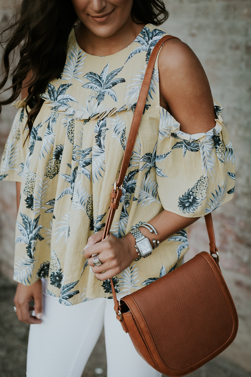 pineapple print top, cold shoulder top, chicwish cold shoulder top, sole society saddle bag, saddle crossbody bag, summer style, summer fashion, summer outfit ideas // grace wainwright a southern drawl