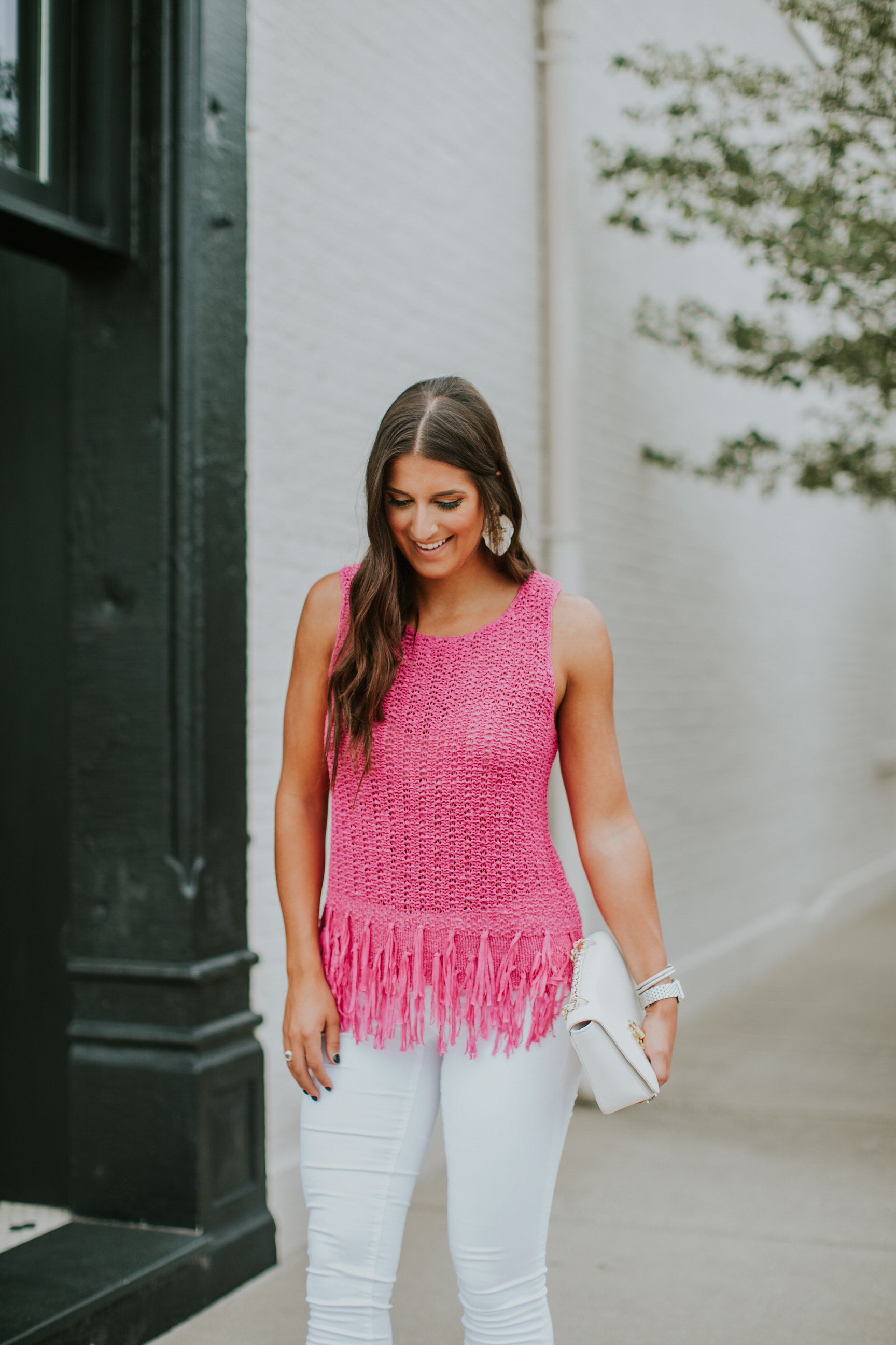 pink tassel top, lilly pulitzer tops, lilly pulitzer outfit, lilly pulitzer fashion, summer in lilly, resort365, buy me lilly, preppy fashion, fuchsia top, tassel top, baublebar statement earrings, tory burch crossbody bag, preppy fashion, preppy outfit ideas // grace wainwright a southern drawl