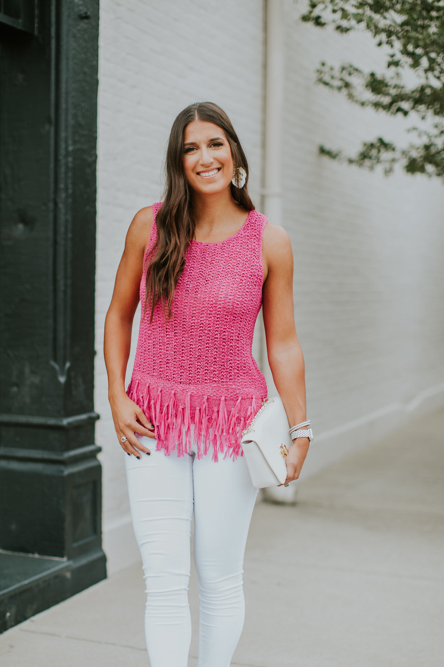 pink tassel top, lilly pulitzer tops, lilly pulitzer outfit, lilly pulitzer fashion, summer in lilly, resort365, buy me lilly, preppy fashion, fuchsia top, tassel top, baublebar statement earrings, tory burch crossbody bag, preppy fashion, preppy outfit ideas // grace wainwright a southern drawl