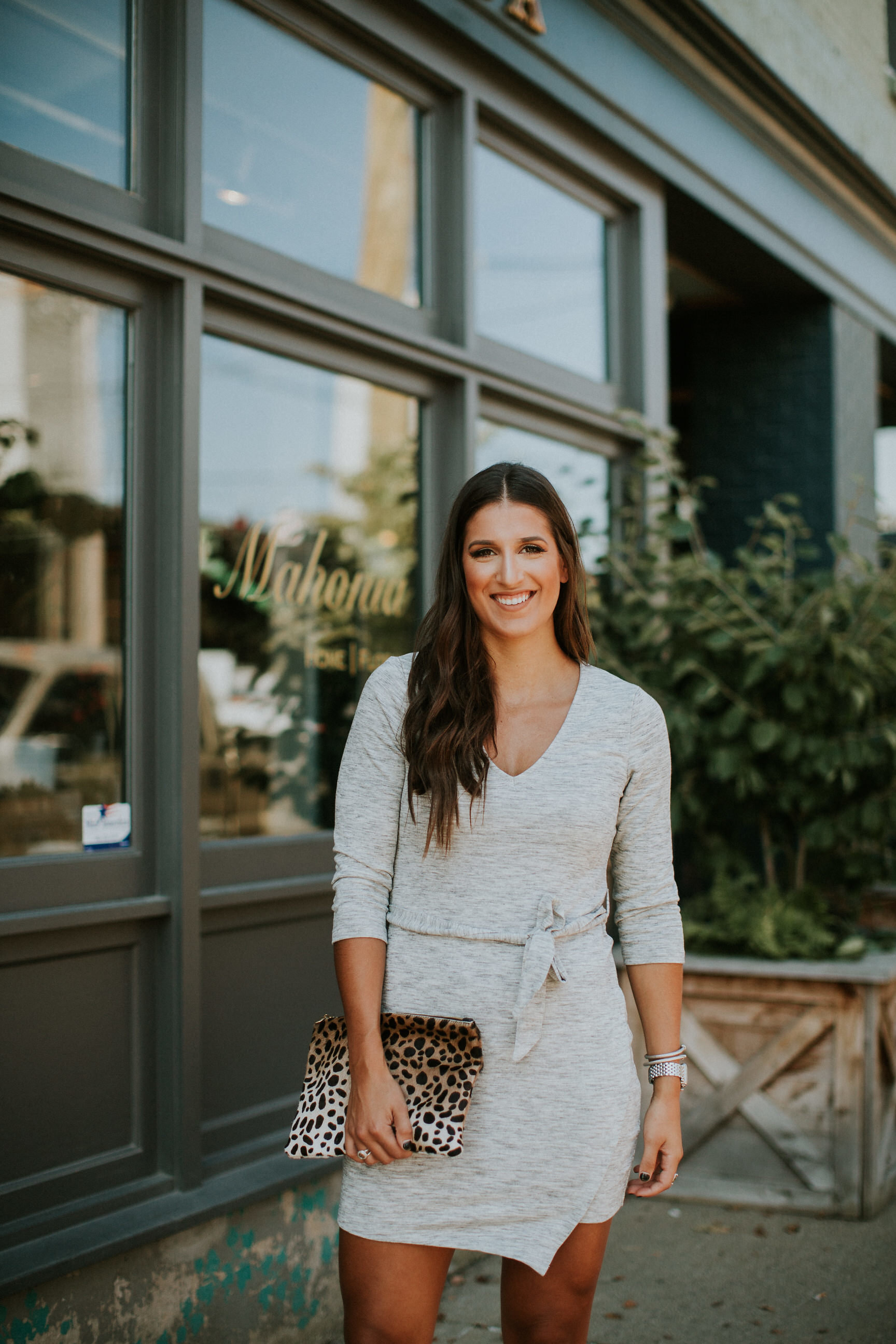 sweater wrap dress, bb dakota dress,  fall style, strappy sandals, fall fashion, fall outfit, clare vivier calf hair clutch, clare v leopard clutch, fall outfit style // grace wainwright a southern drawl