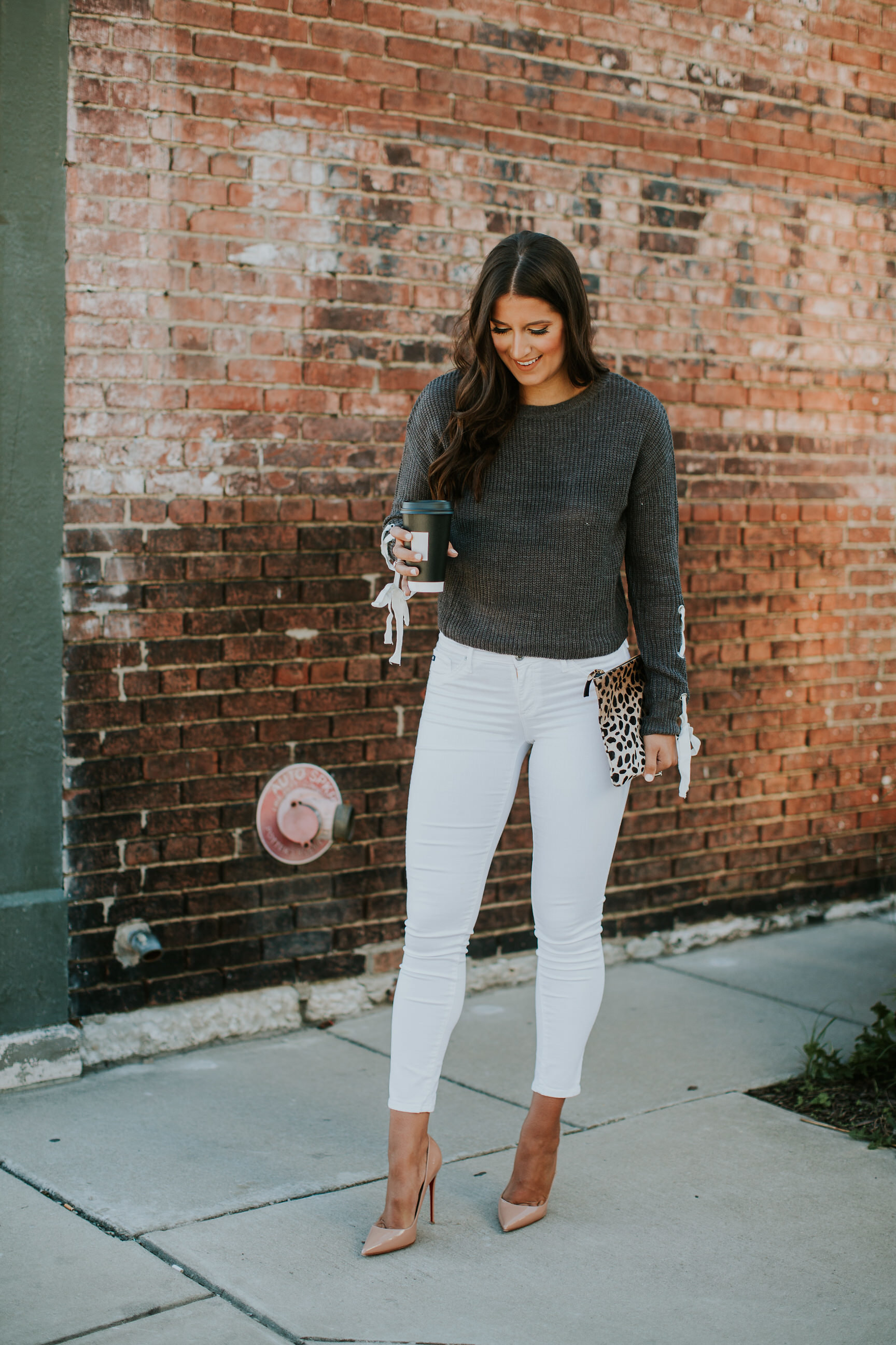 lace up sweater, affordable sweaters, fall sweaters, fall style, fall outfits, cute fall fashion, calf hair clutch, clare v leopard clutch, lace up sleeves // grace wainwright a southern drawl