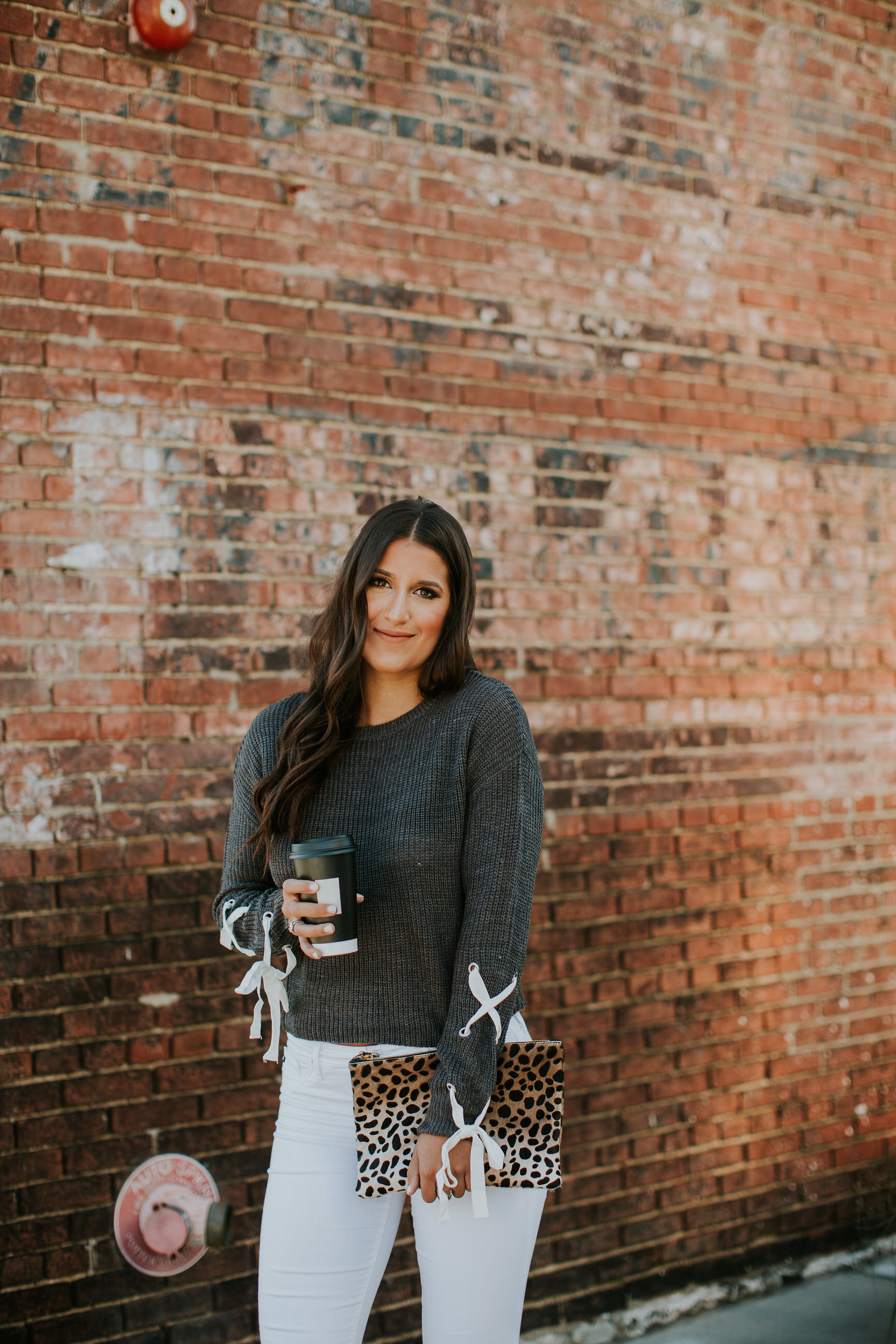 lace up sweater, affordable sweaters, fall sweaters, fall style, fall outfits, cute fall fashion, calf hair clutch, clare v leopard clutch, lace up sleeves // grace wainwright a southern drawl
