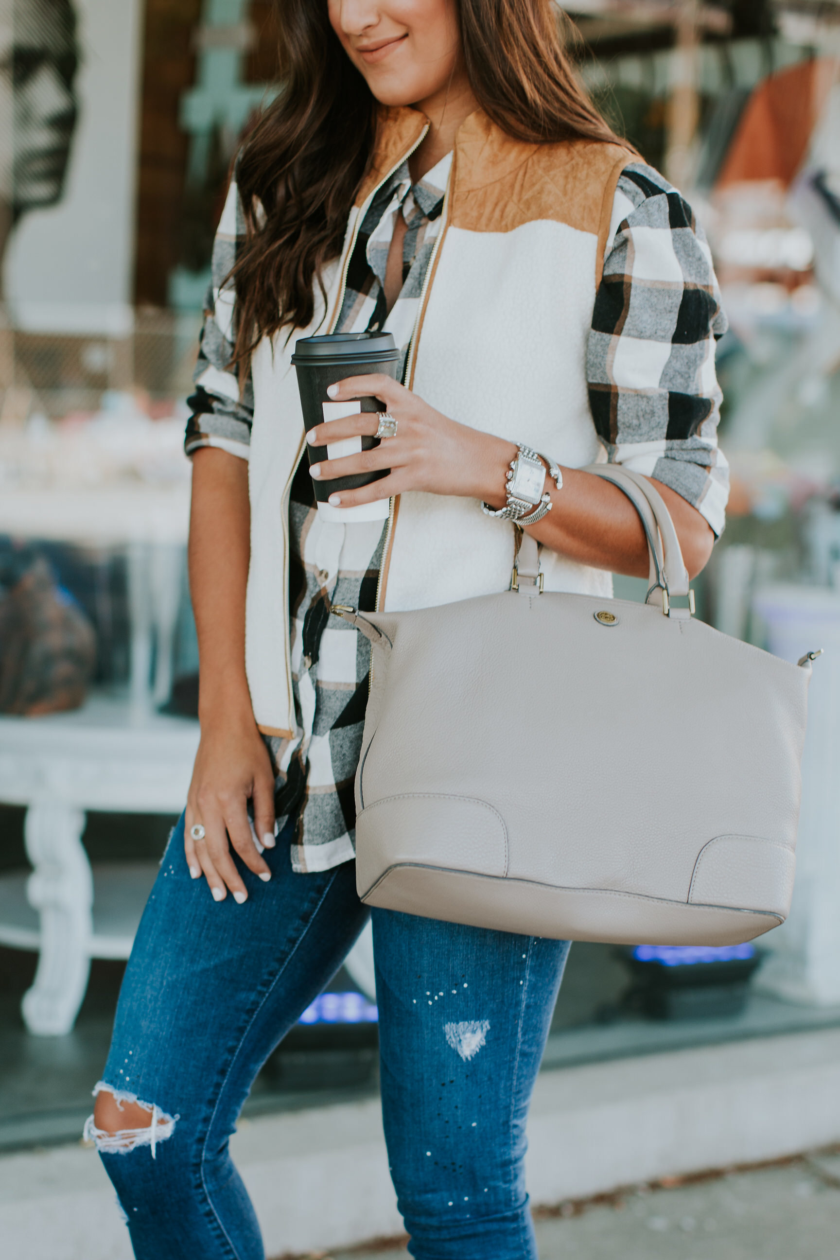 sherpa vest, fleece vest,  sail to sable vest, fall plaid style, fall plaid flannel shirt, plaid flannels, ag jeans, tory burch satchel, hinge basil bootie, hinge booties, fall booties, fall boots, fall outfit, fall style, fall fashion, fall outfit ideas, louisville nulu // grace wainwright a southern drawl