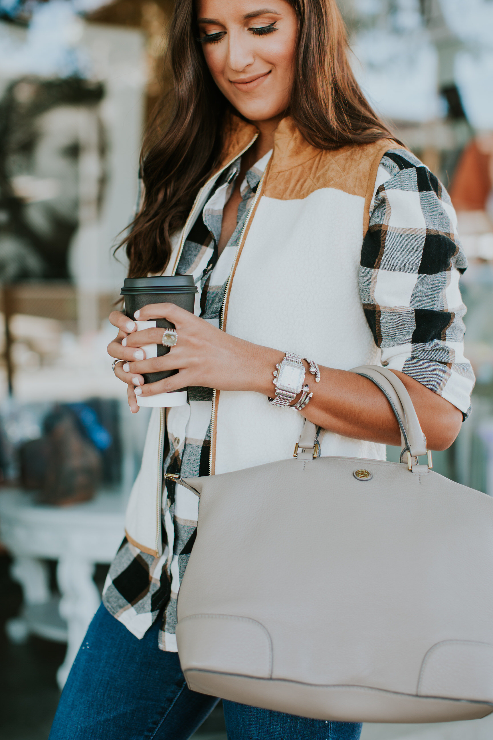 sherpa vest, fleece vest,  sail to sable vest, fall plaid style, fall plaid flannel shirt, plaid flannels, ag jeans, tory burch satchel, hinge basil bootie, hinge booties, fall booties, fall boots, fall outfit, fall style, fall fashion, fall outfit ideas, louisville nulu // grace wainwright a southern drawl