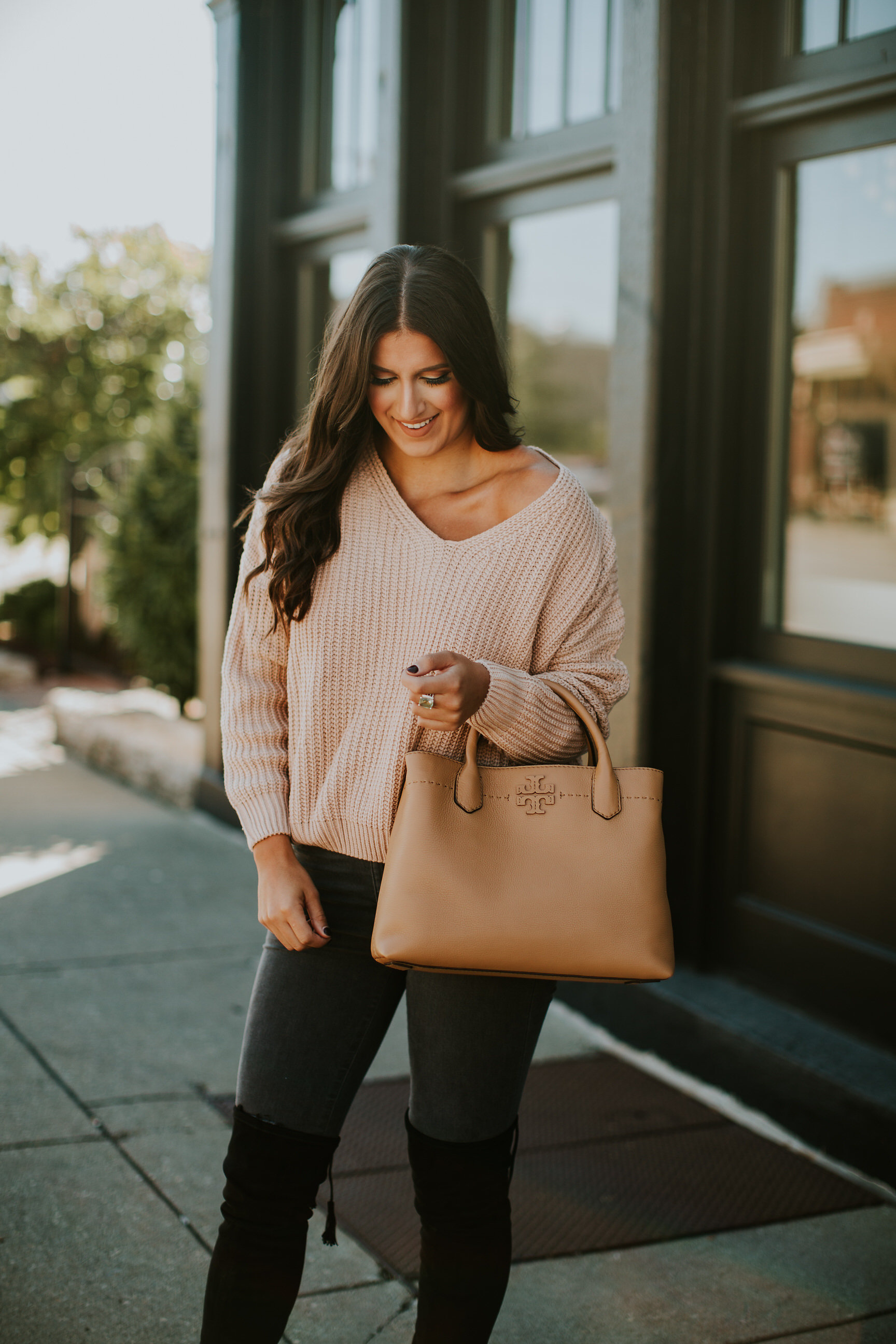 lace up back sweater, over the knee boots, marc fisher over the knee boot, marc fisher alinda over the knee boot, gray skinny jeans, fall style, fall fashion, fall outfit ideas // grace wainwright a southern drawl