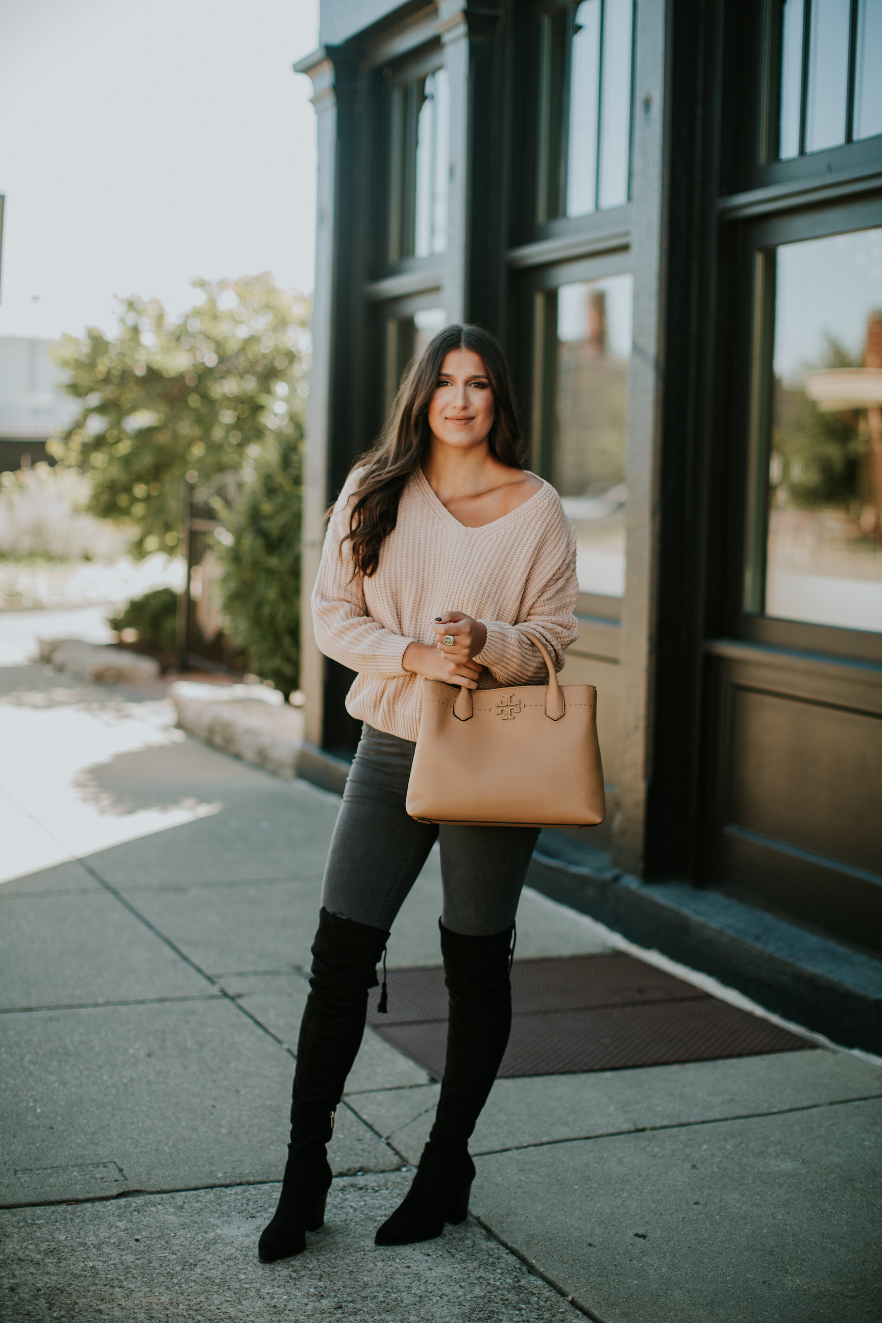 lace up back sweater, over the knee boots, marc fisher over the knee boot, marc fisher alinda over the knee boot, gray skinny jeans, fall style, fall fashion, fall outfit ideas // grace wainwright a southern drawl
