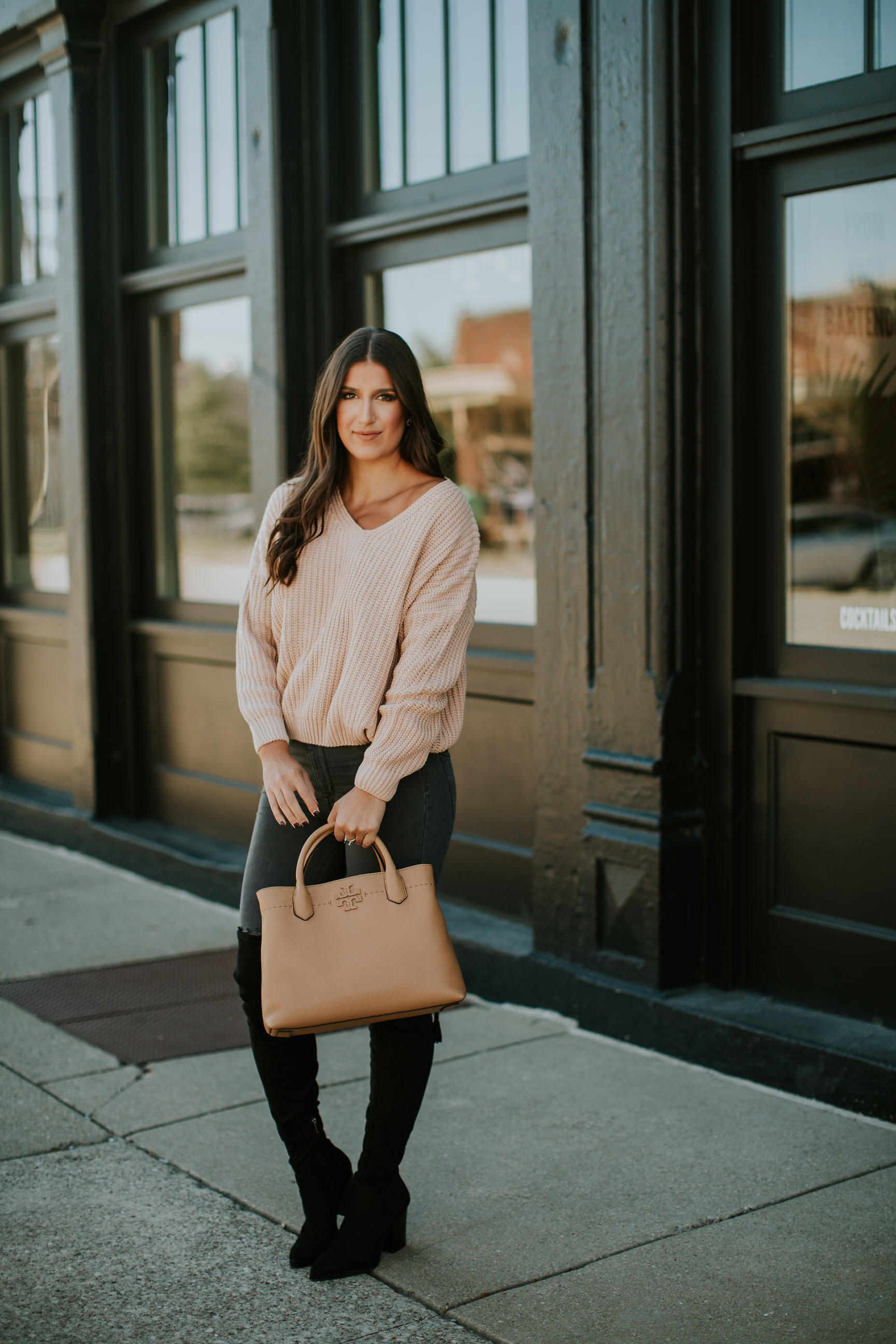 chicwish sweater, chicwish outfits, lace up back sweater, over the knee boots, marc fisher over the knee boot, marc fisher alinda over the knee boot, gray skinny jeans, fall style, fall fashion, fall outfit ideas // grace wainwright a southern drawl