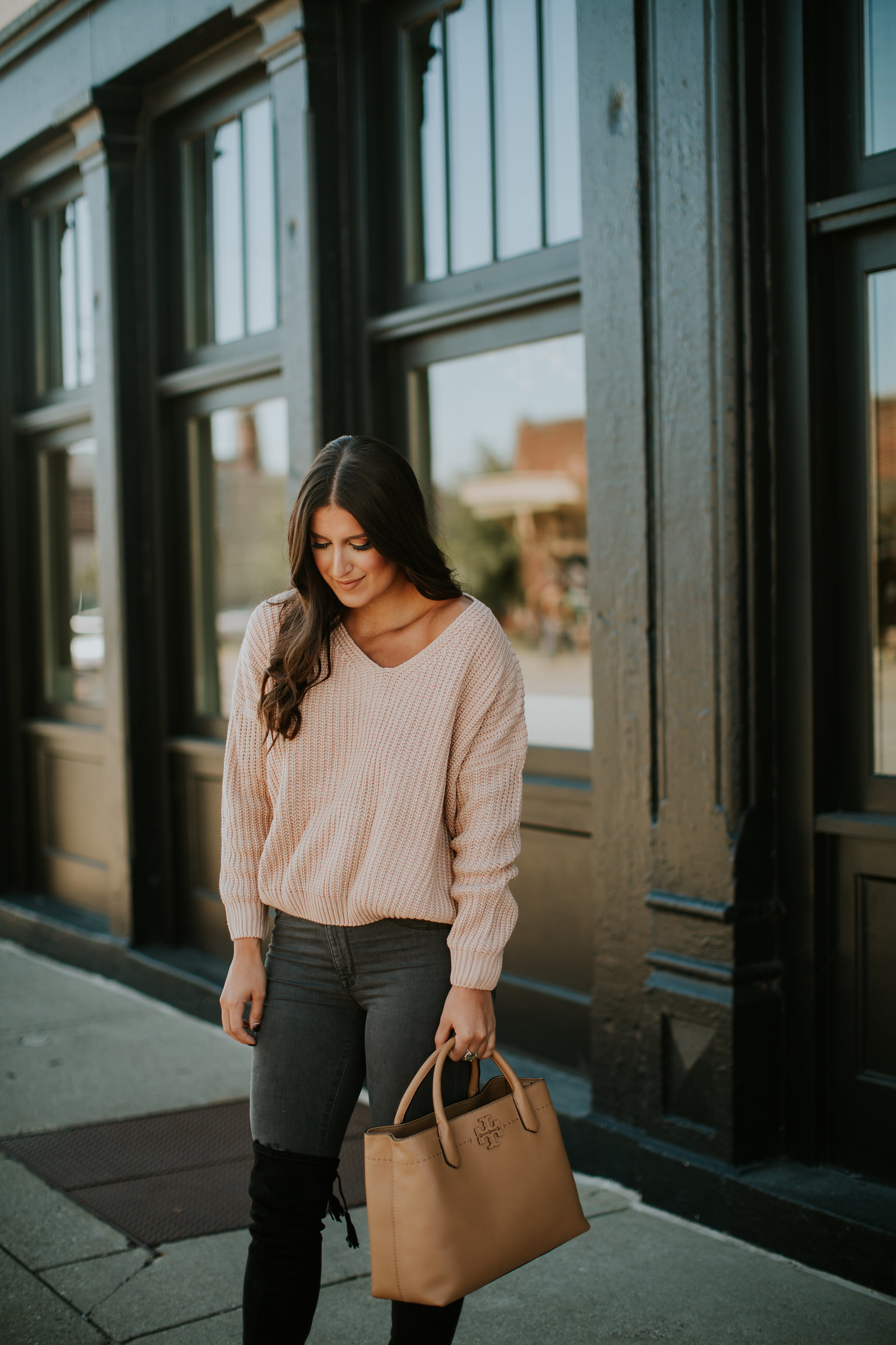 chicwish sweater, chicwish outfits, lace up back sweater, over the knee boots, marc fisher over the knee boot, marc fisher alinda over the knee boot, gray skinny jeans, fall style, fall fashion, fall outfit ideas // grace wainwright a southern drawl