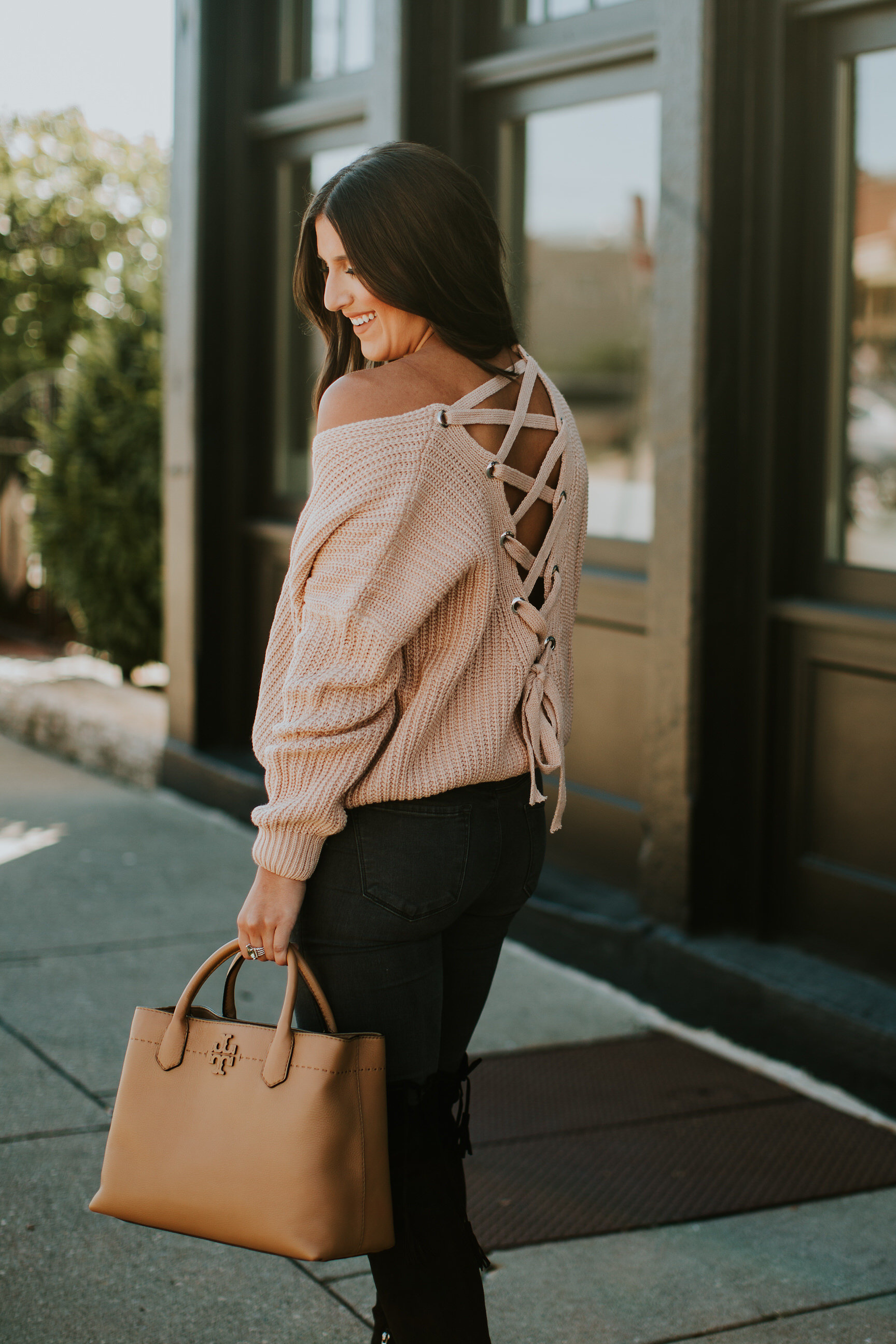 chicwish sweater, chicwish outfits, lace up back sweater, over the knee boots, marc fisher over the knee boot, marc fisher alinda over the knee boot, gray skinny jeans, fall style, fall fashion, fall outfit ideas // grace wainwright a southern drawl