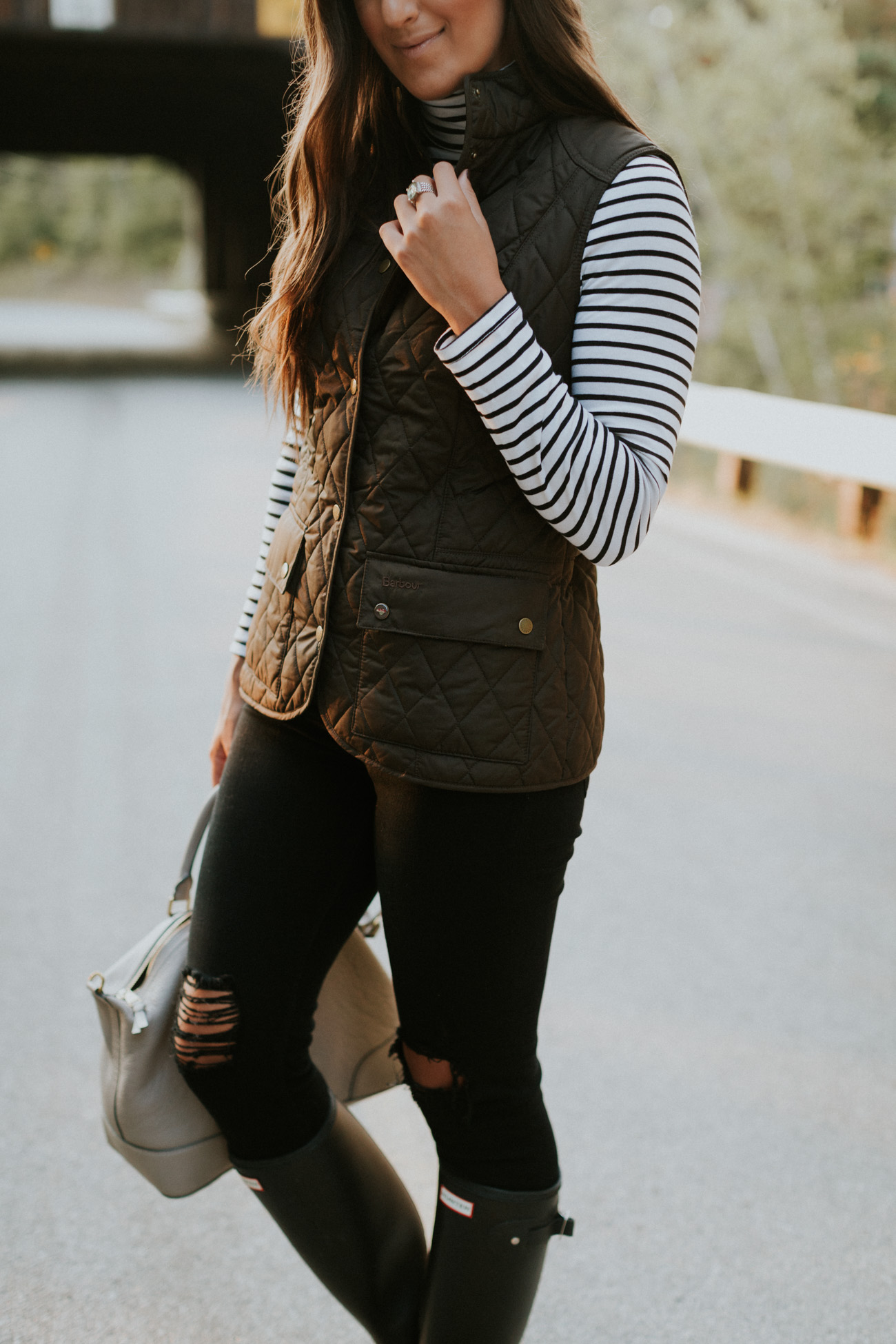 barbour quilted vest, hunter boots, hunter rain boots, hunter wellies, tory burch purse, fall style, stripe turtleneck, new hampshire foliage, vermont foliage, fall outfit ideas, fall outfits, fall fashion // grace wainwright a southern drawl