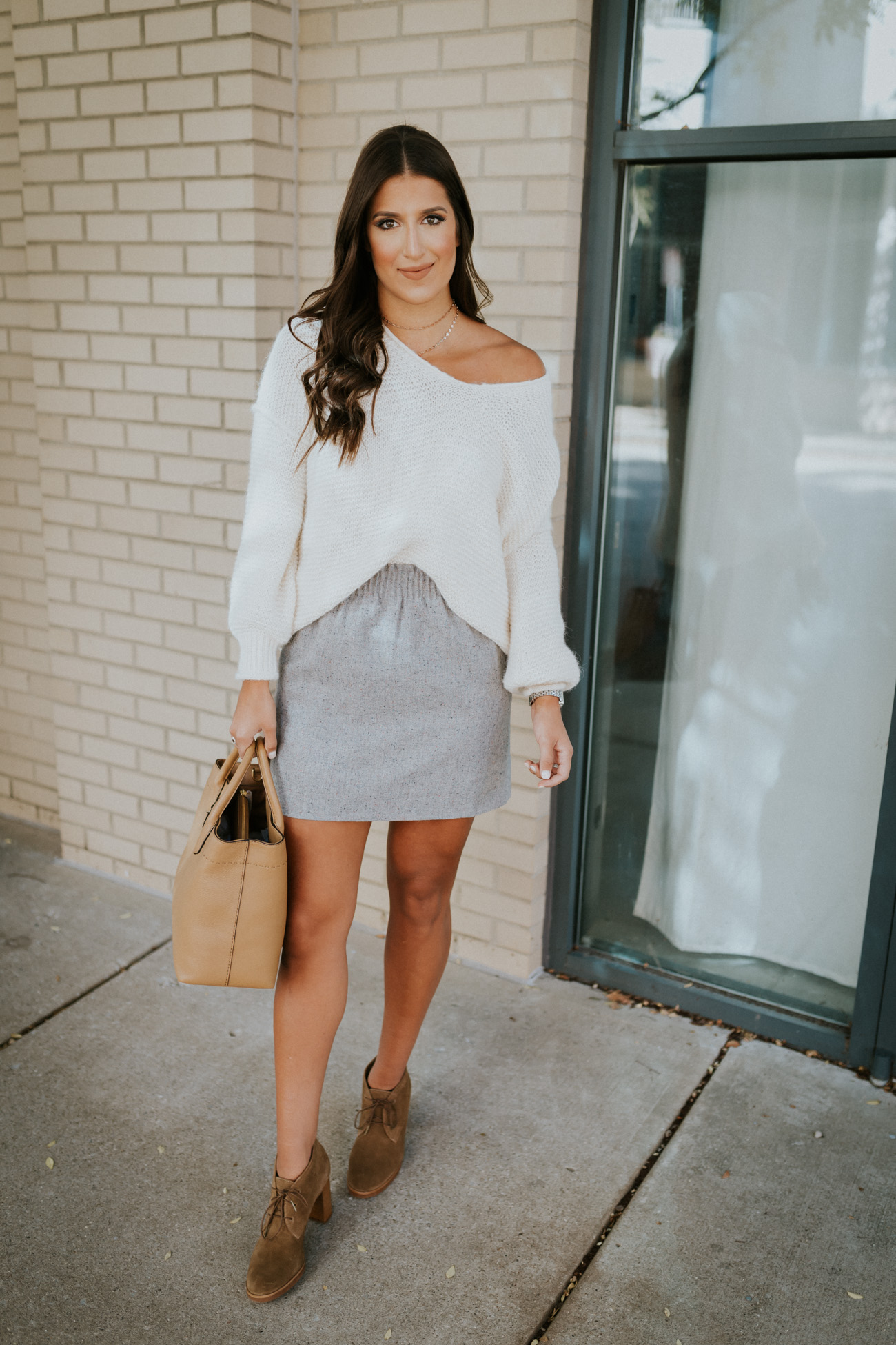 gray fall skirt, off the shoulder sweater, free people sweater, free people pullover, j.crew factory skirt, tory burch mcgraw tote, lace up booties, fall booties, layered necklace // grace wainwright a southern drawl