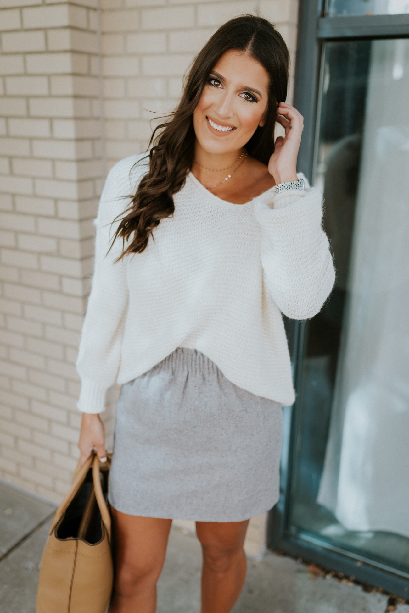 gray fall skirt, off the shoulder sweater, free people sweater, free people pullover, j.crew factory skirt, tory burch mcgraw tote, lace up booties, fall booties, layered necklace // grace wainwright a southern drawl