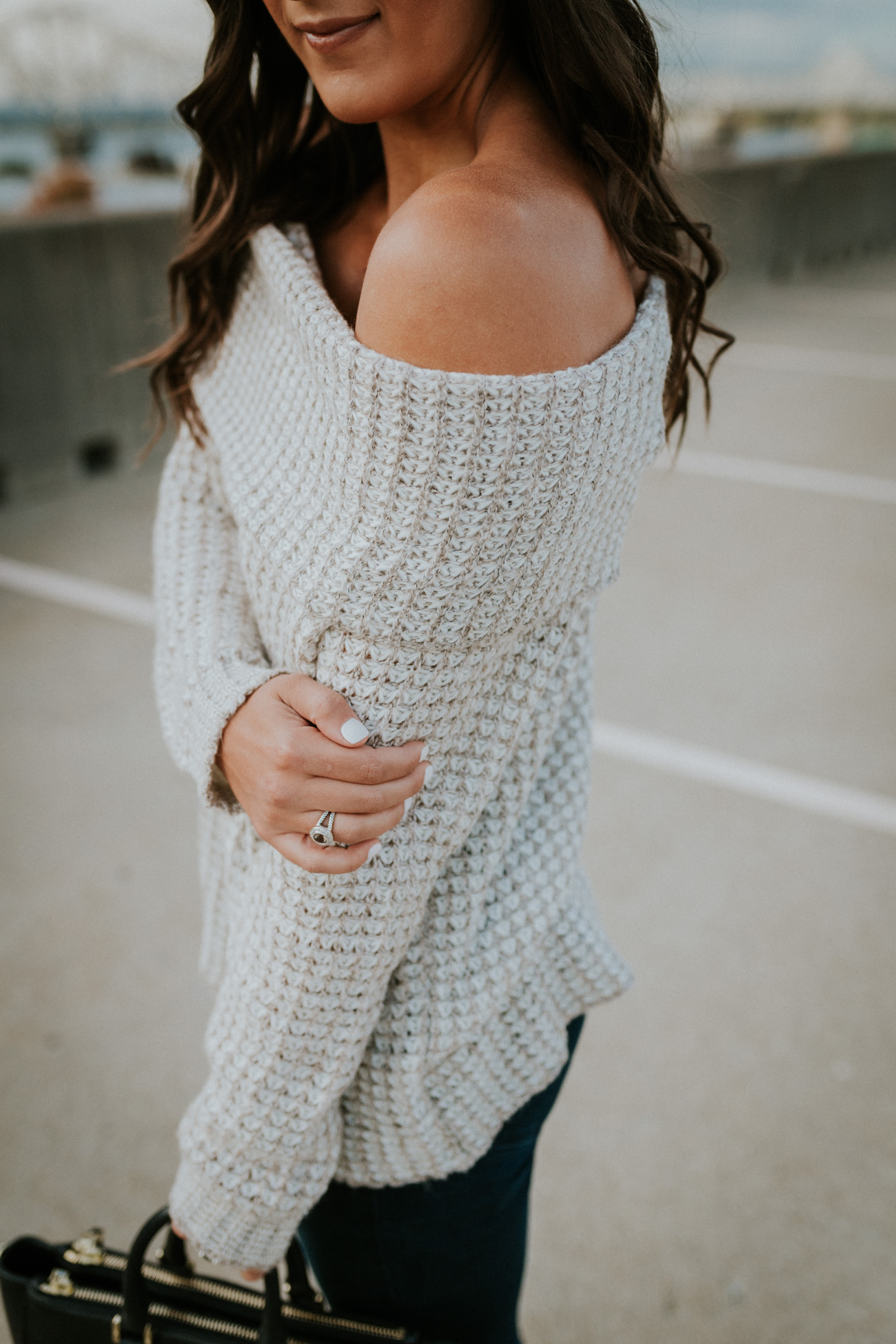 Petite Fashion and Style Blog, J.O.A. Off the Shoulder Cable Sweater, Tory Burch Riding Boots