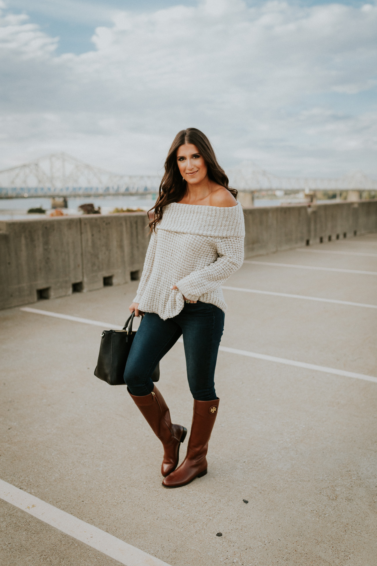 fall riding boots, off the shoulder sweater, cozy sweater, cozy fall sweaters, bb dakota sweaters, tory burch riding boots, tory burch boots, tory burch satchel, fall style, buffalo plaid shirt, fall fashion, fall outfit ideas, couple outfits, fall couples outfit, fall couple outfits // grace wainwright a southern drawl