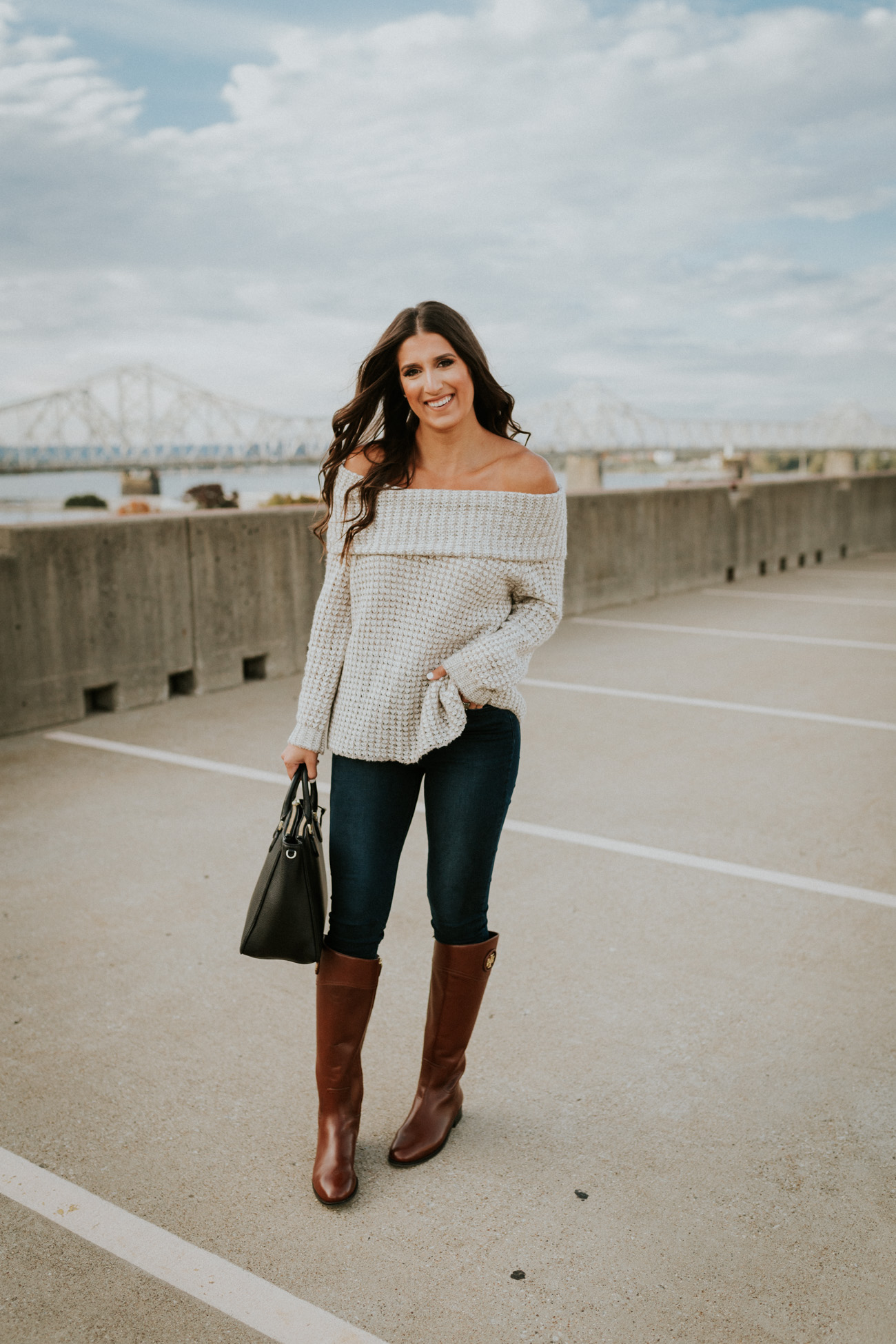 fall riding boots, off the shoulder sweater, cozy sweater, cozy fall sweaters, bb dakota sweaters, tory burch riding boots, tory burch boots, tory burch satchel, fall style, buffalo plaid shirt, fall fashion, fall outfit ideas, couple outfits, fall couples outfit, fall couple outfits // grace wainwright a southern drawl