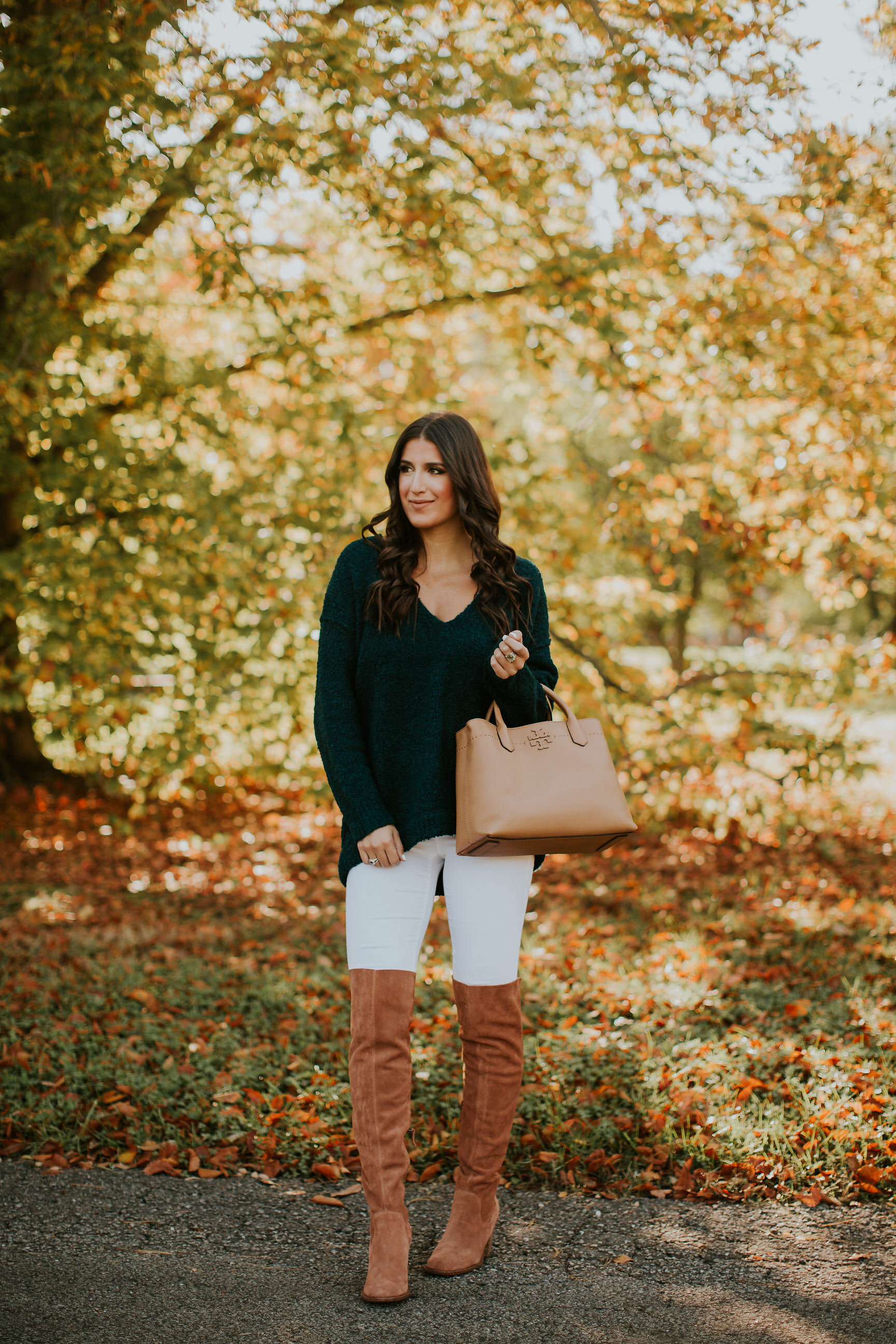 oversized pullover, free people lofty v-neck sweater, free people sweaters, free people pullovers, over the knee boots, kelsi dagger logan over the knee boots, fall style, fall fashion, tory burch mcgraw tote, tory burch totes, fall outfits, cute fall outfit ideas // grace wainwright a southern drawl
