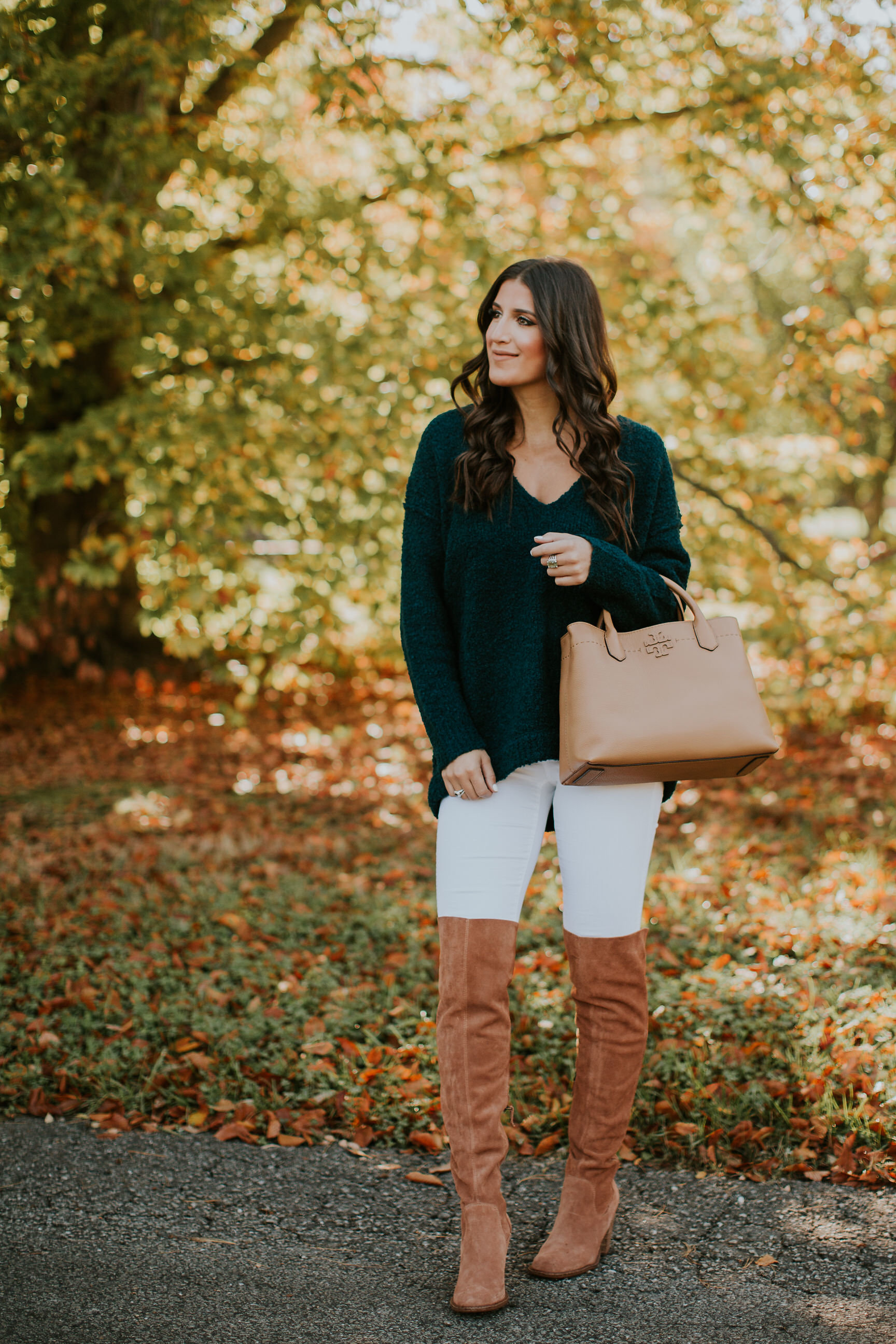 oversized pullover, free people lofty v-neck sweater, free people sweaters, free people pullovers, over the knee boots, kelsi dagger logan over the knee boots, fall style, fall fashion, tory burch mcgraw tote, tory burch totes, fall outfits, cute fall outfit ideas // grace wainwright a southern drawl