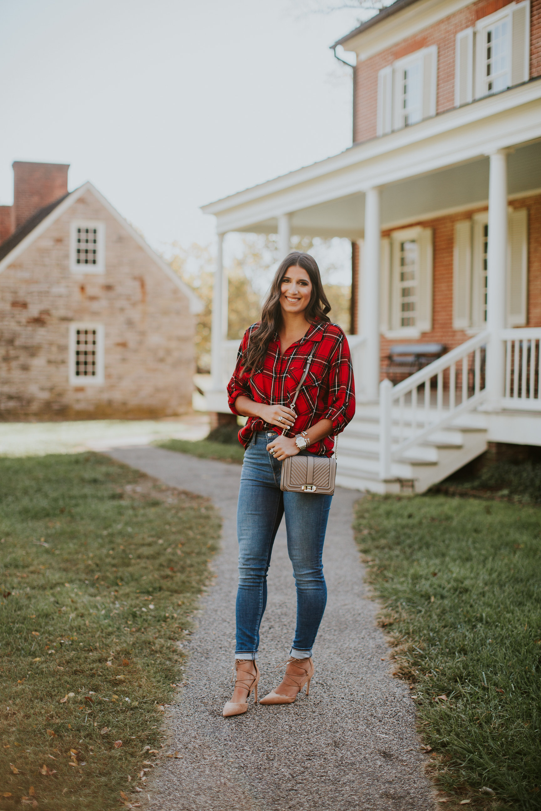 red plaid shirt, holiday plaid shirt, holiday plaid flannel, flannel shirt, high waisted jeans, high waist skinny jeans, lace up heels, rebecca minkoff love crossbody bag, holiday style, holiday fashion, holiday outfits, fall style, fall outfit ideas, fall fashion // grace wainwright a southern drawl
