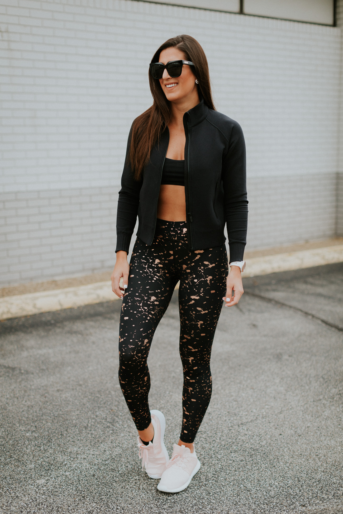 gold splatter leggings, lululemon free to be bra, adidas tubular sneakers, alo yoga jacket, alo bomber jacket, terez leggings, adidas tubular viral sneaker, athleisure, a southern drawl workouts, fall activewear, winter activewear, fit with asd videos, #fitwithasd, gym looks, trendy workout outfit, cute activewear outfit, a southern drawl workouts, weekly workout routine, weekly workouts, weekly exercises, polar a360 watch, cute activewear, cute workout outfit, running routine, girl gains, fitness inspiration, fitspo, nike athleisure outfit // grace wainwright a southern drawl