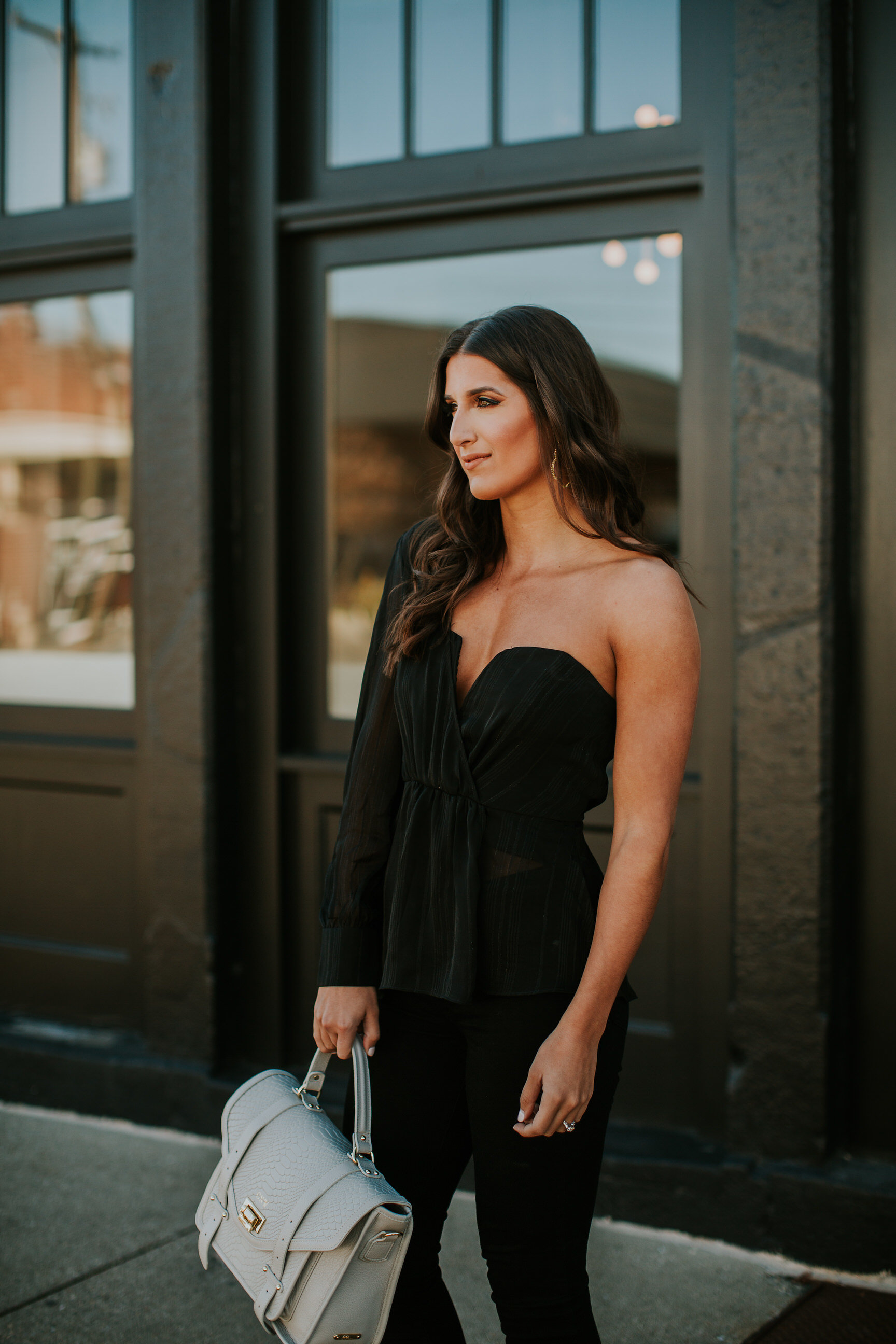 one shoulder blouse, one shoulder top, new years eve, new years outfit, holiday outfit, winter style, all black outfit, gigi new york satchel // grace wainwright a southern drawl